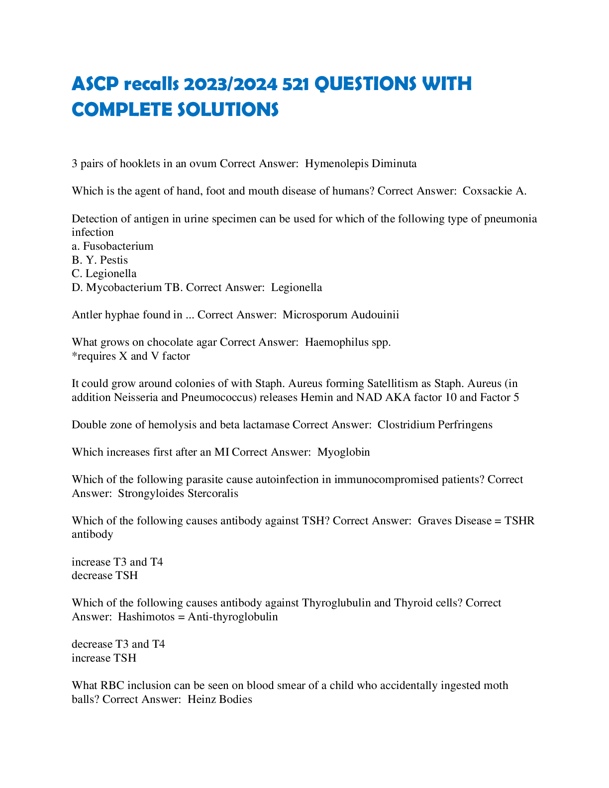 Preview of ASCP recalls 2023/2024 521 QUESTIONS WITH  COMPLETE SOLUTIONS