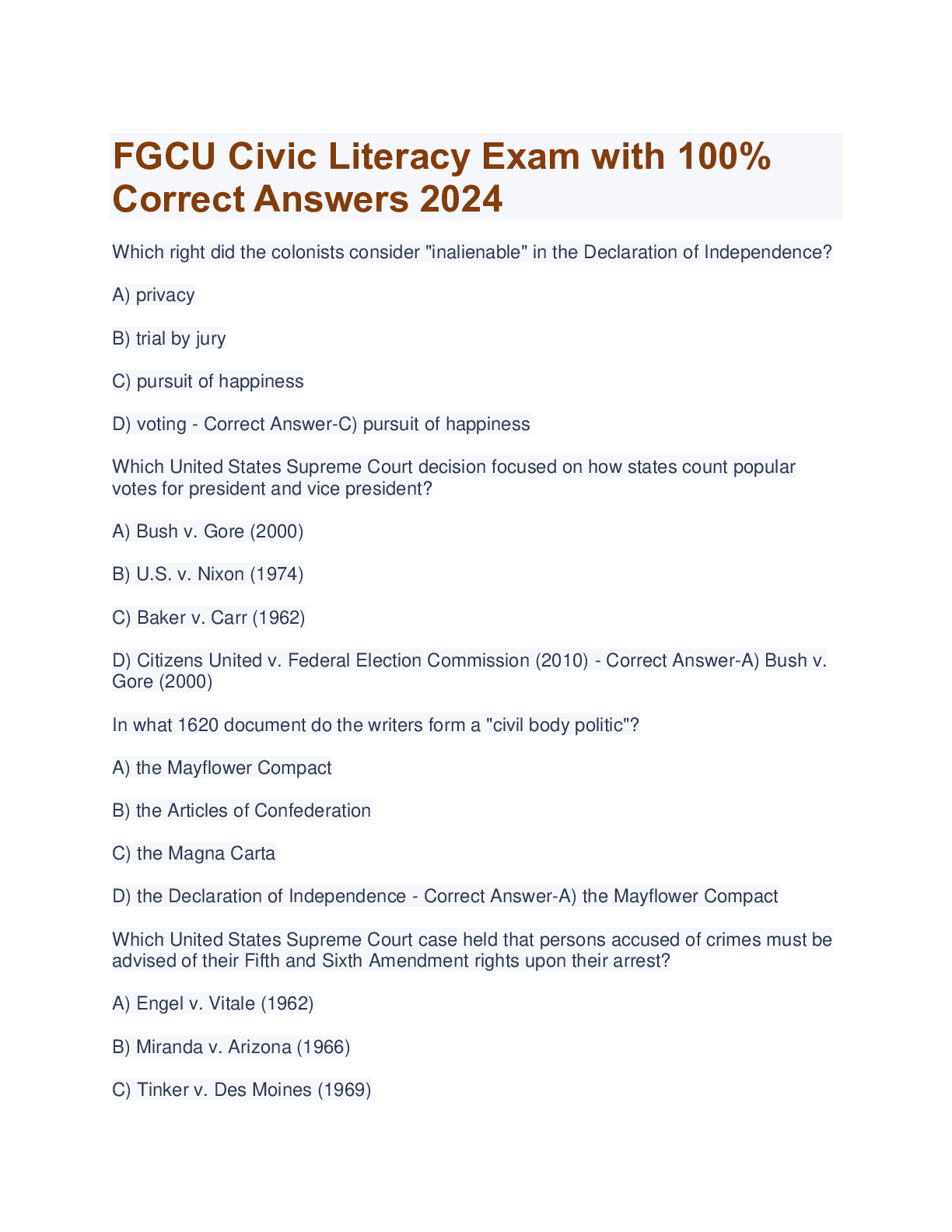Preview image for FGCU Civic Literacy Exam with 100%  Correct Answers 2024