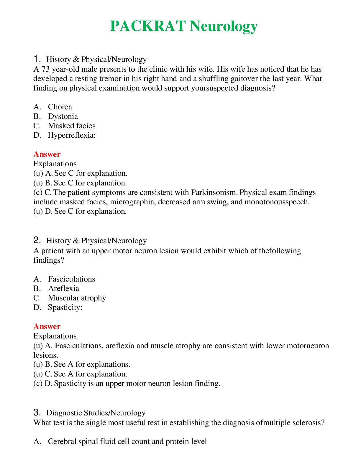 Preview image for PACKRAT Neurology   Questions With Complete Grade A+ Answers