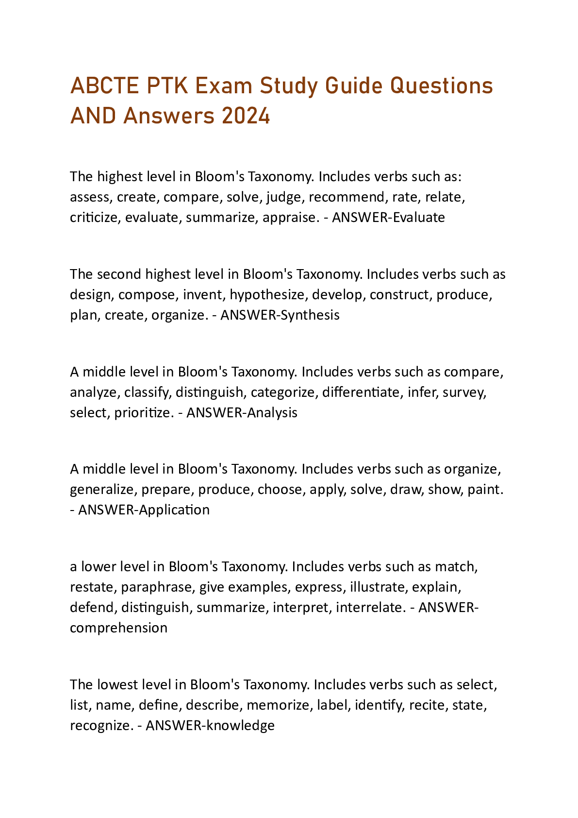 Preview of ABCTE PTK Exam Study Guide Questions  AND Answers 2024
