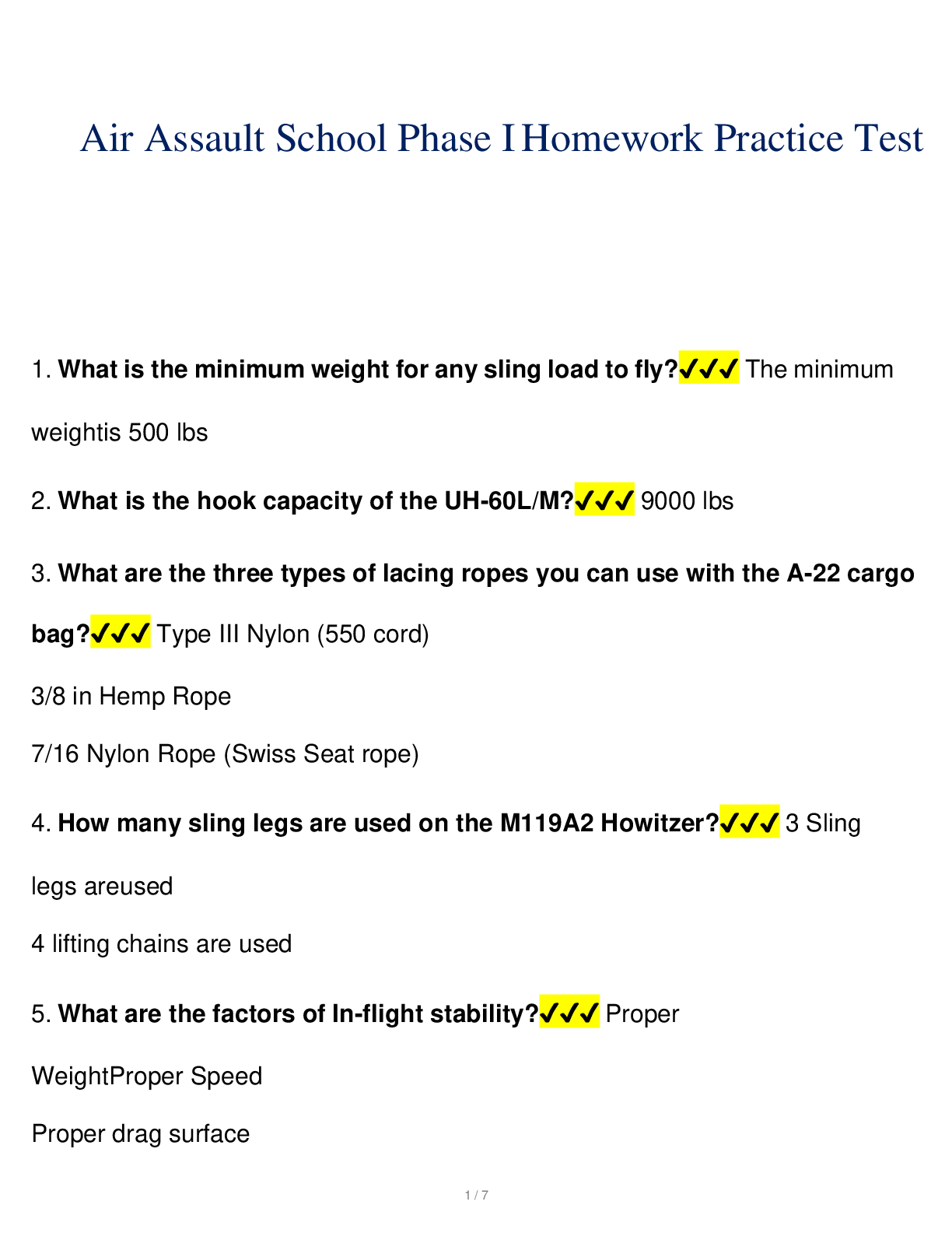 Preview of Air Assault School Phase I Homework Practice Test