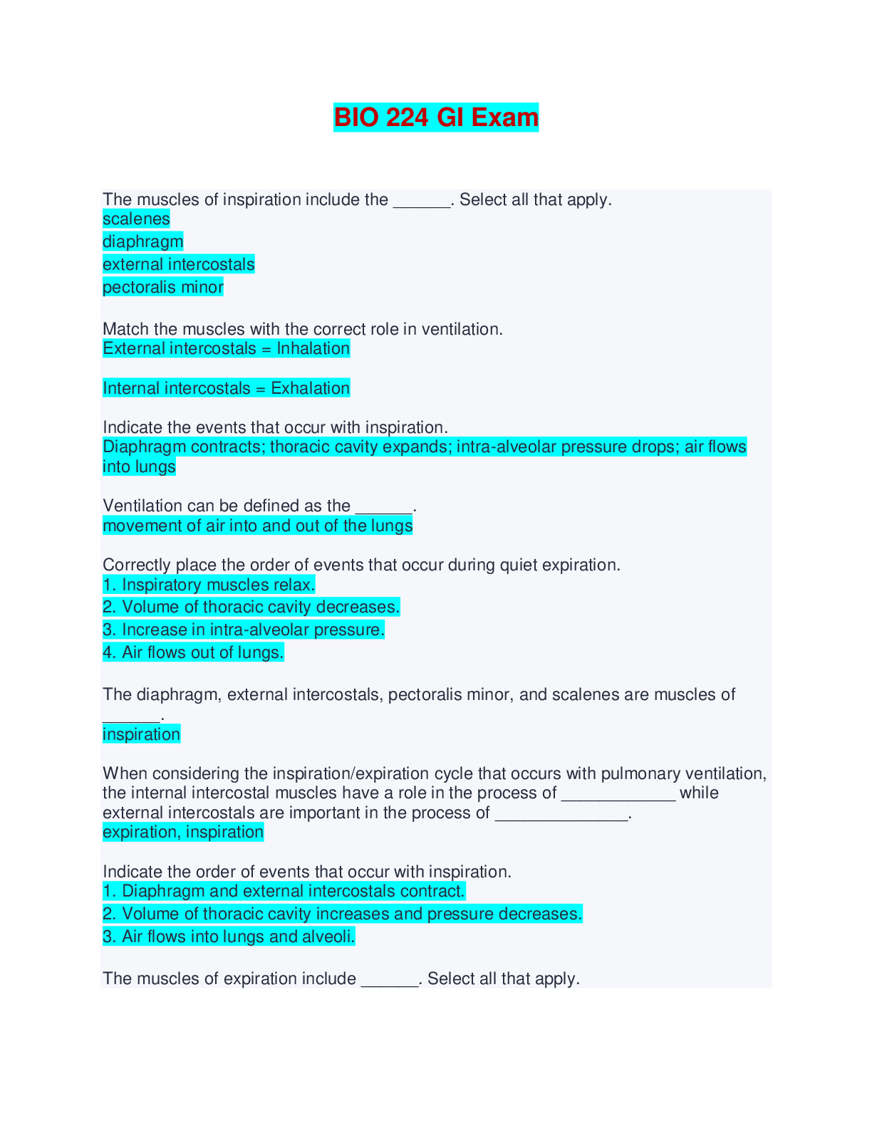 Preview of BIO 224 GI Exam - Questions with Verified Answers