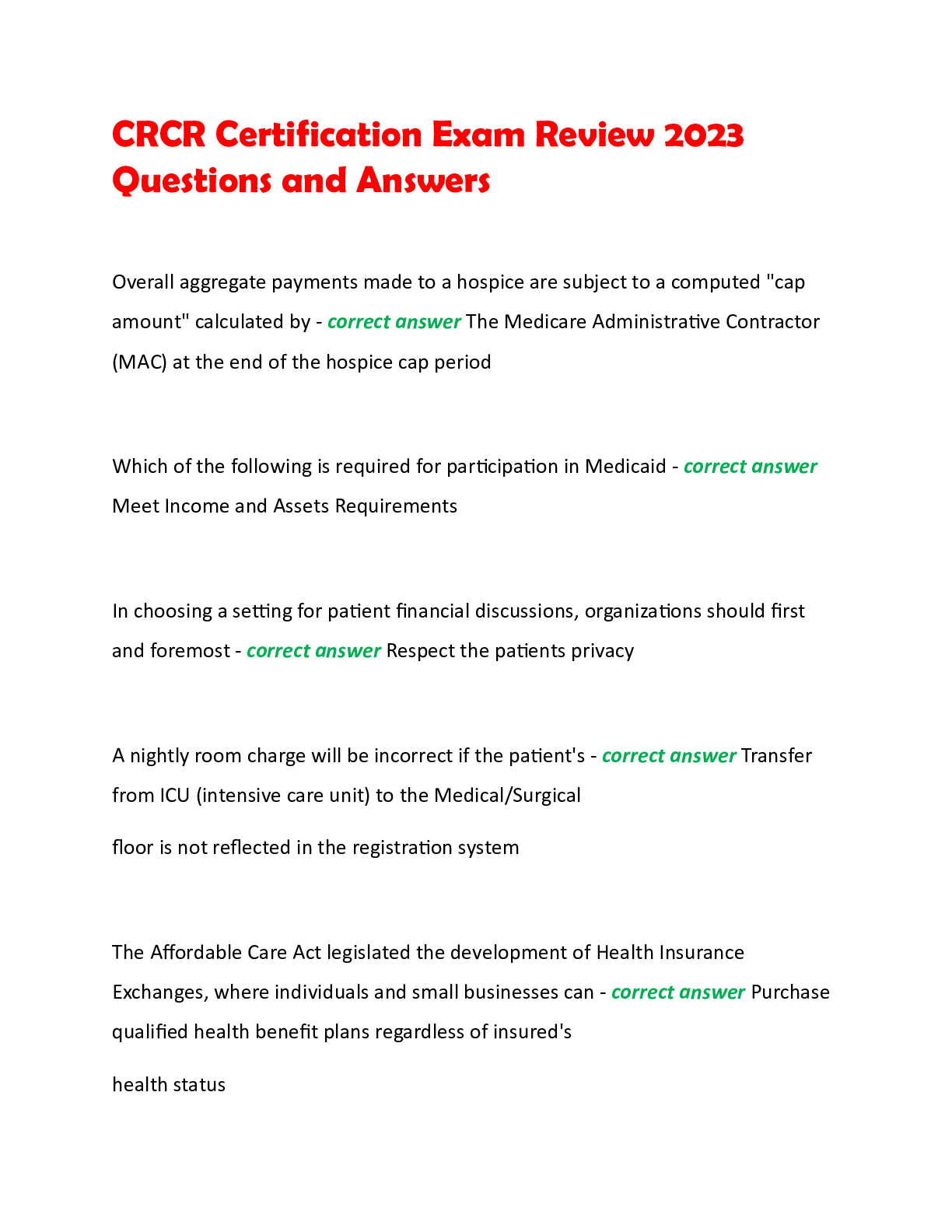 Preview of CRCR Certification Exam Review 2023  Questions and Answers