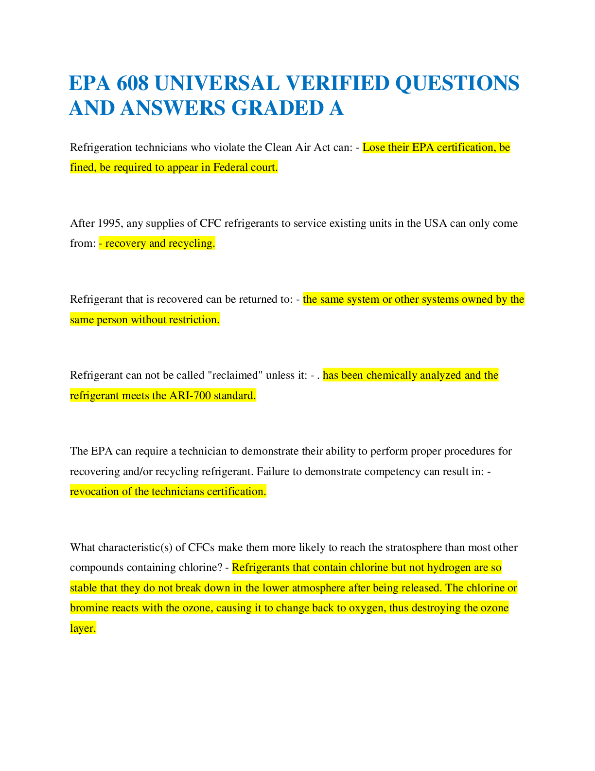 Preview of EPA 608 UNIVERSAL VERIFIED QUESTIONS  AND ANSWERS GRADED A
