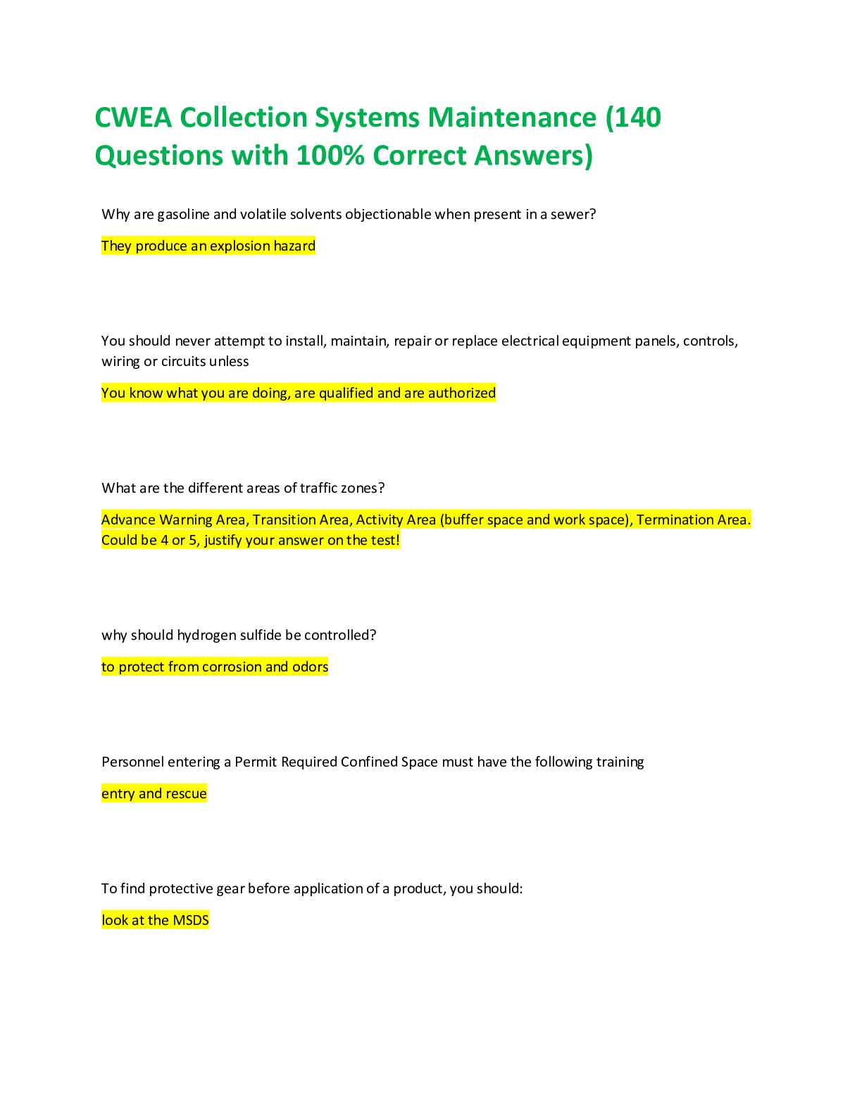 Preview of CWEA Collection Systems Maintenance (140  Questions with 100% Correct Answers)