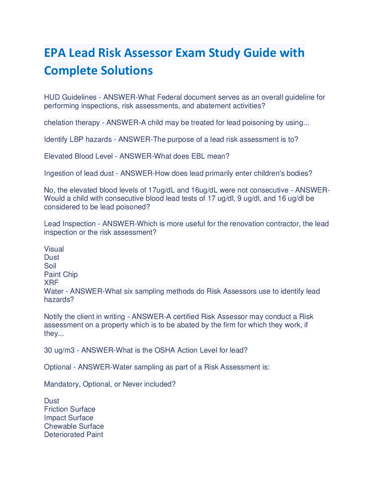 Recommended document preview for EPA Lead Risk Assessor Exam Study Guide with  Complete Solutions