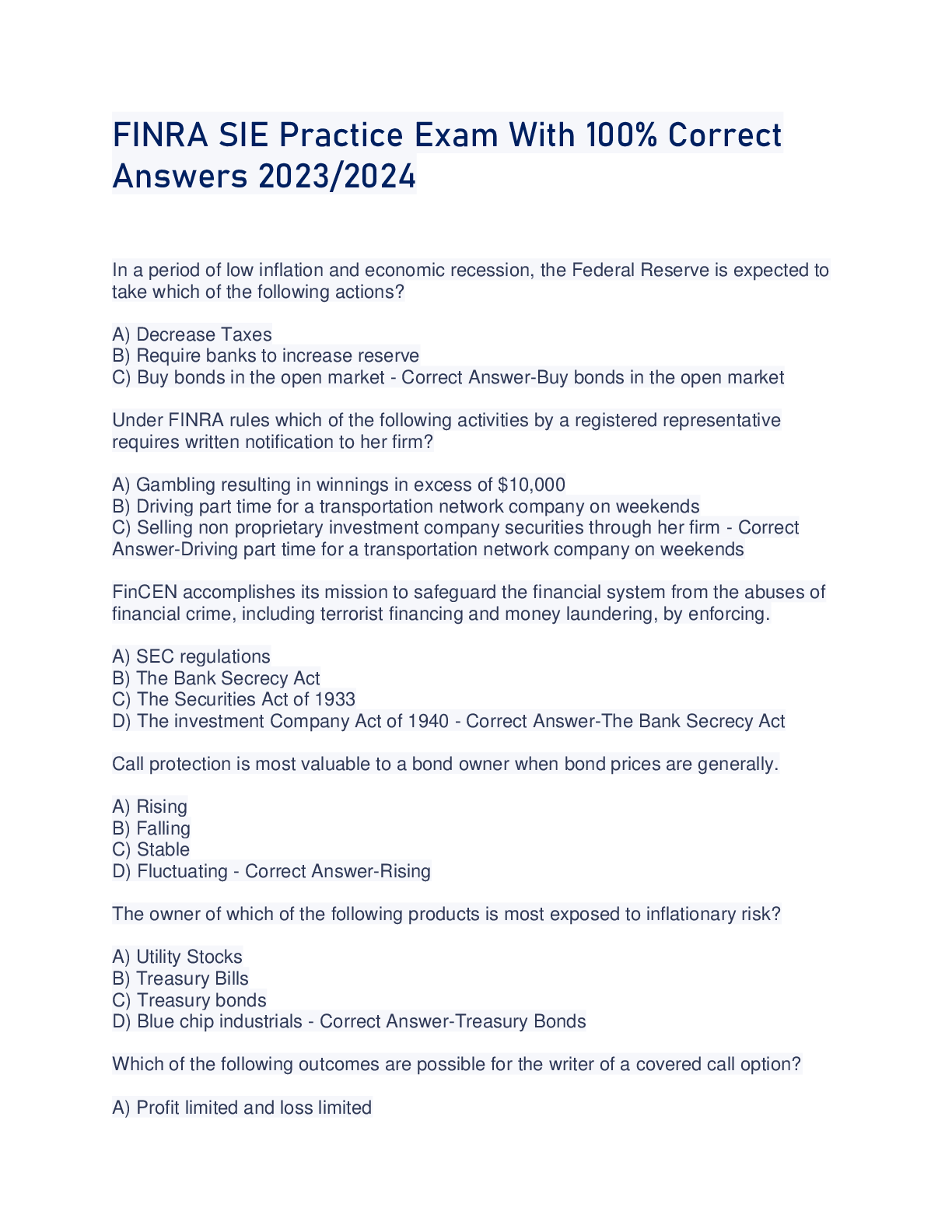 Preview image for FINRA SIE Practice Exam With 100% Correct  Answers 2023/2024
