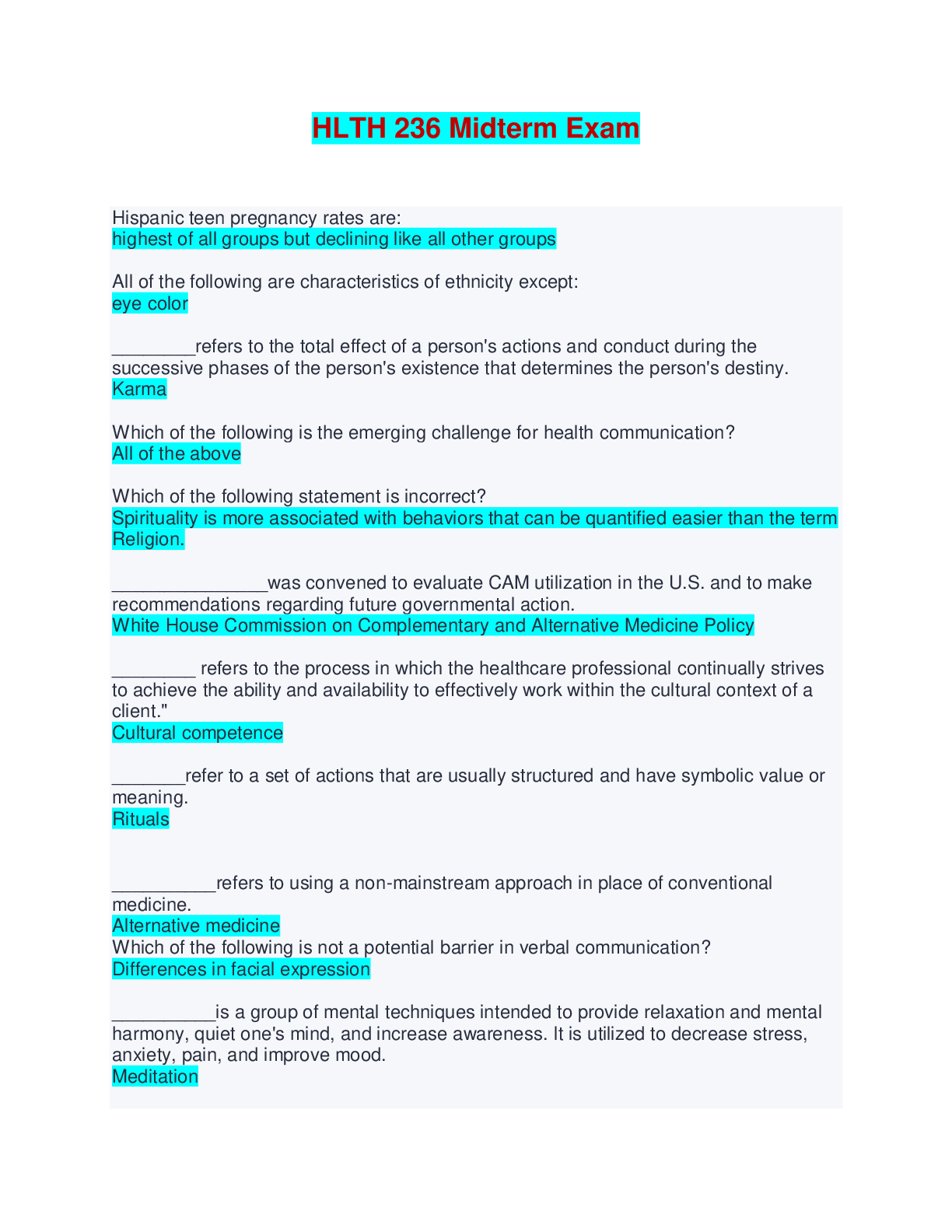 Preview image for HLTH 236 Midterm Exam - Questions with Verified Answers