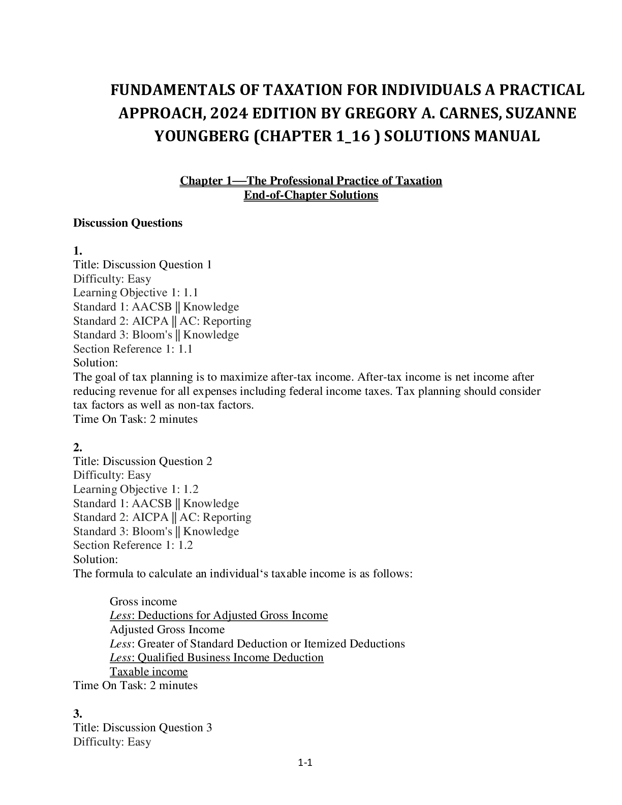 Preview image for FUNDAMENTALS OF TAXATION FOR INDIVIDUALS A PRACTICAL APPROACH, 2024 EDITION BY GREGORY A. CARNES, SUZANNE YOUNGBERG (CHAPTER 1_18 ) SOLUTIONS MANUAL