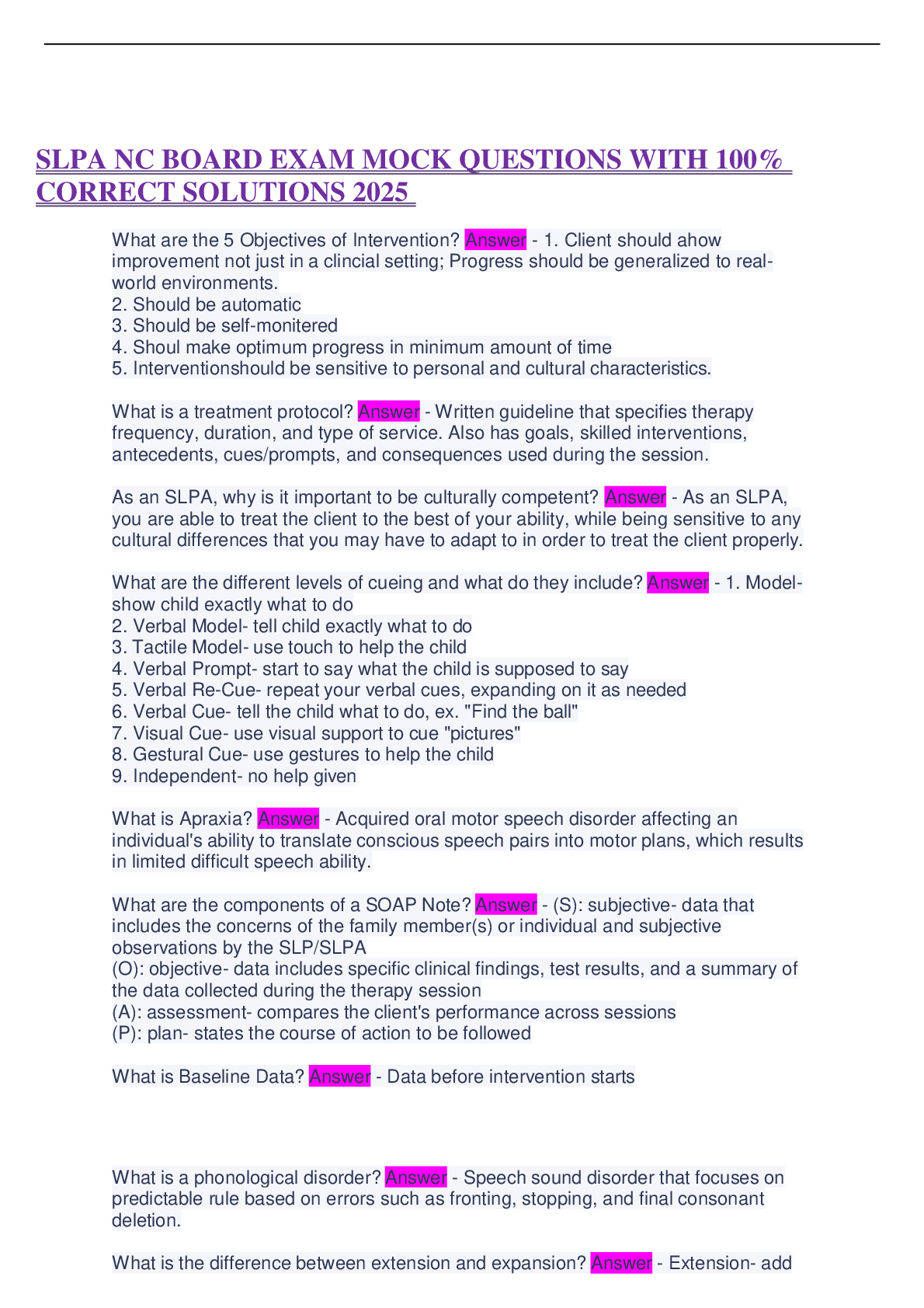 Preview image for SLPA NC BOARD EXAM MOCK QUESTIONS WITH 100% CORRECT SOLUTIONS 2025