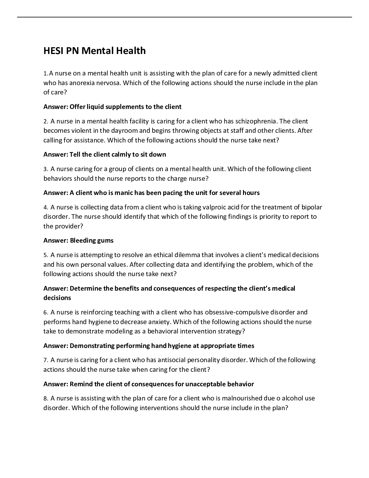 Preview image for HESI PN MENTAL HEALTH