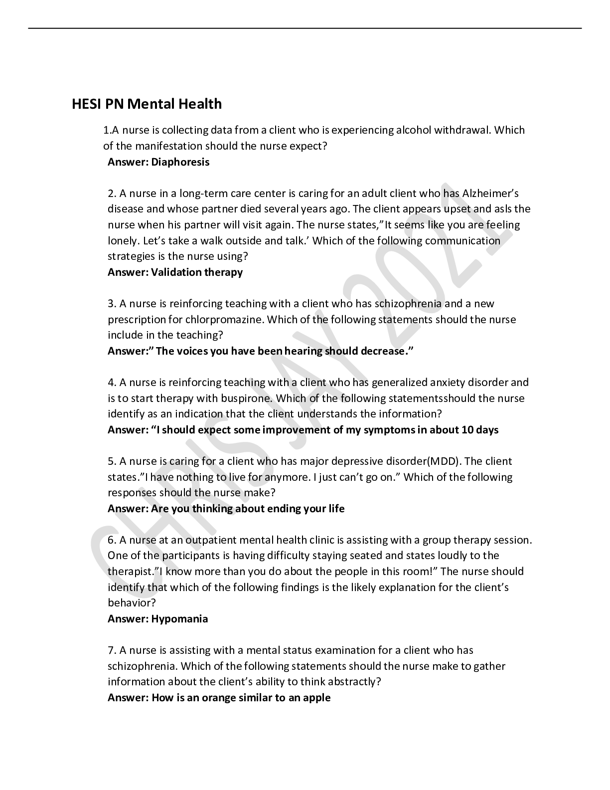 Preview image for HESI PN MENTAL HEALTH 1