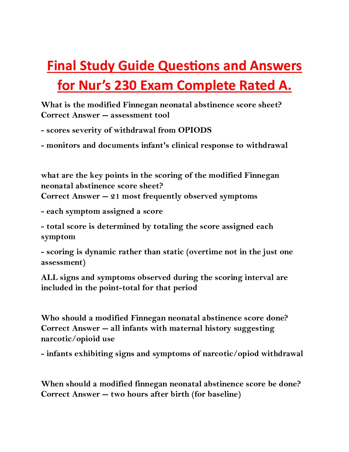 Recommended document preview for Final Study Guide Questions and Answers  for Nurs 230 Exam Complete Rated A.