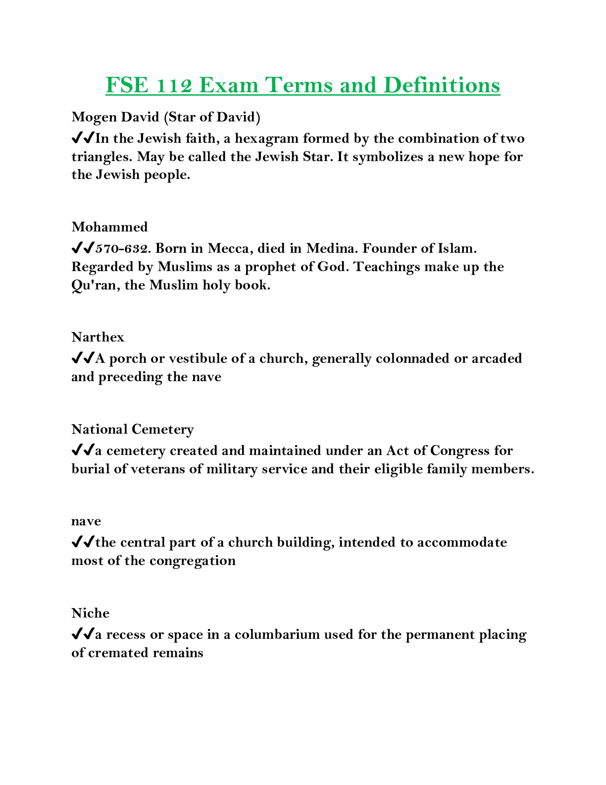 FSE 112 Exam Terms and Definitions