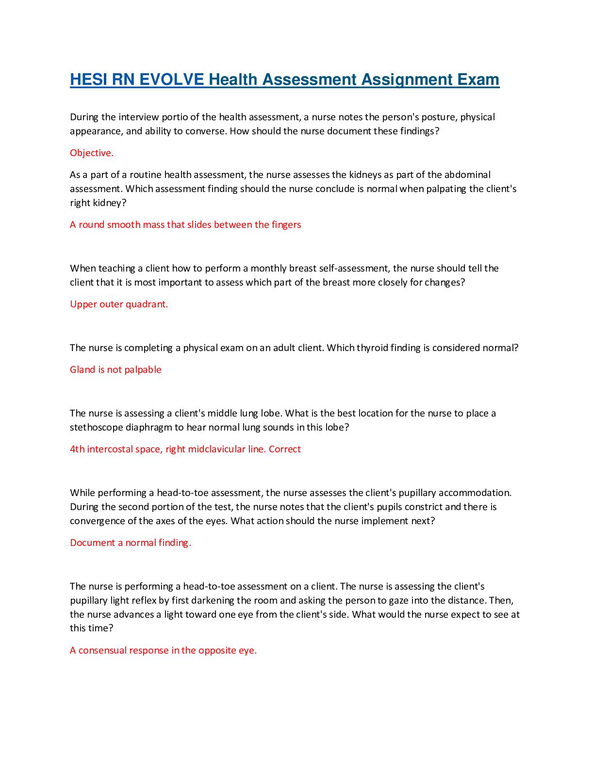 Preview image for HESI RN EVOLVE Health Assessment Assignment Exam