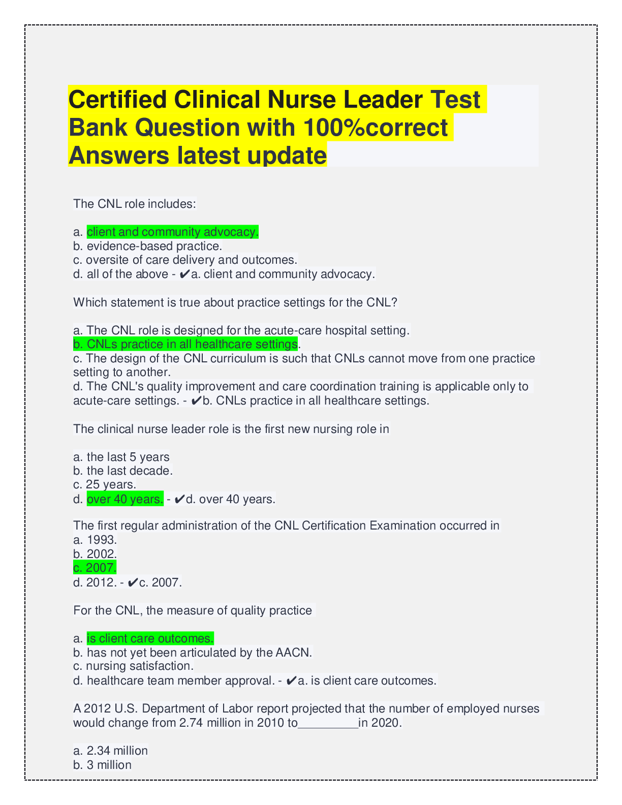 Preview of Certified Clinical Nurse Leader Test Bank Question with 100% correct Answers latest update