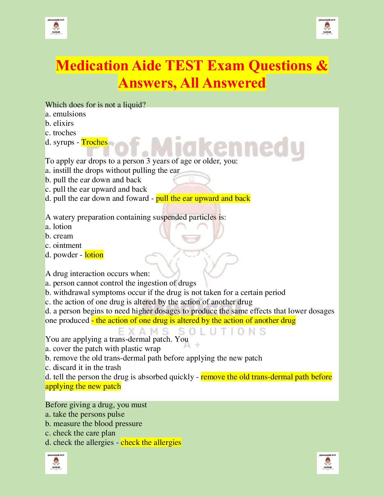 Medication Aide TEST Exam Questions & Answers, All Answered