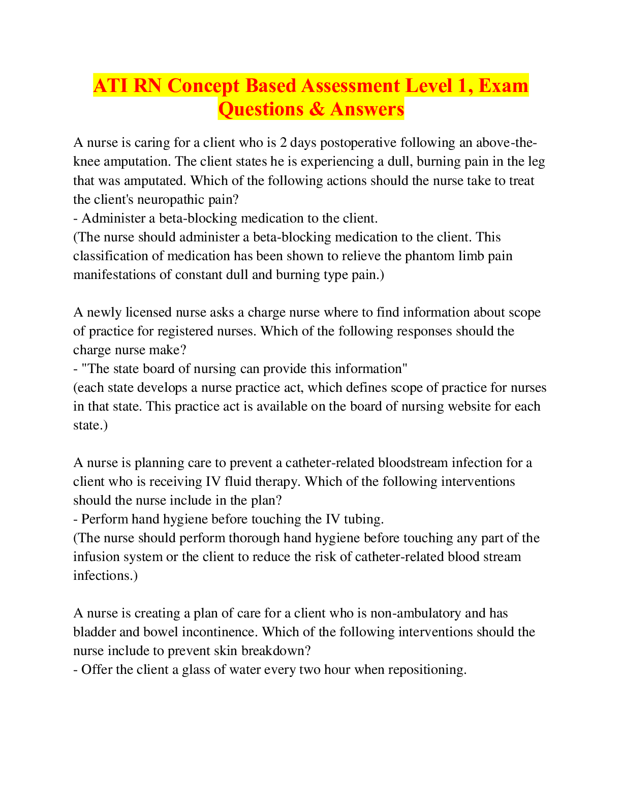 ATI RN Concept Based Assessment Level 1, Exam Questions & Answers