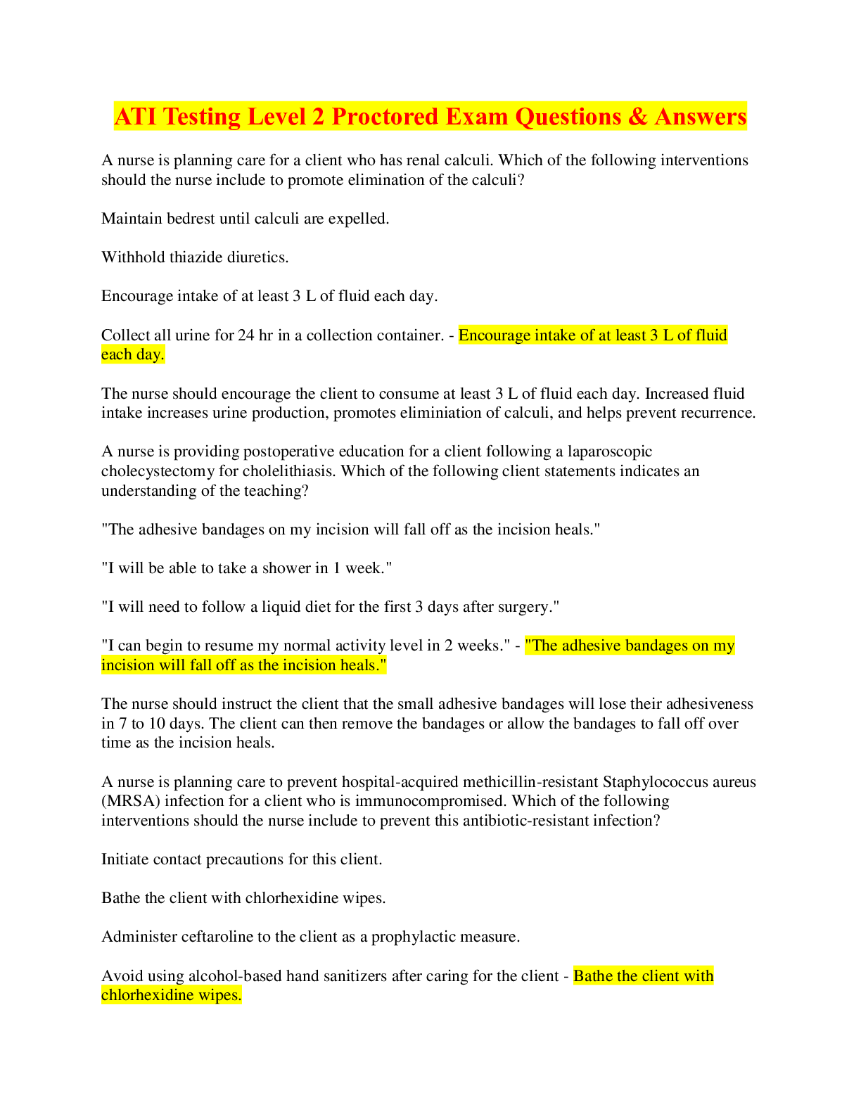 Preview of ATI Testing Level 2 Proctored Exam Questions & Answers