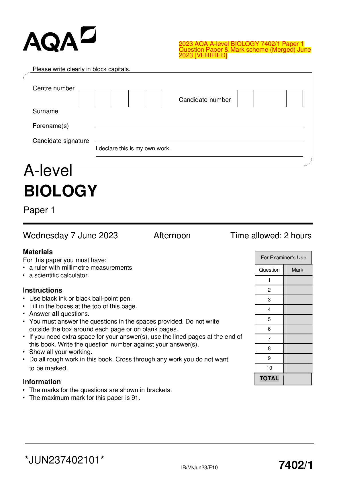Preview image of 2023 AQA A-level BIOLOGY 7402/1 Paper 1 Question Paper & Mark scheme (Merged) June 2023 [VERIFIED] document