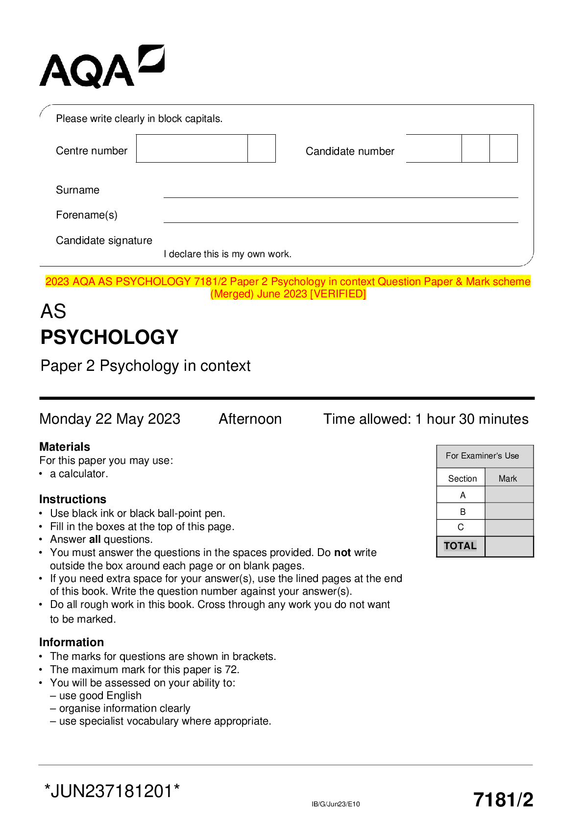 Preview image for 2023 AQA AS PSYCHOLOGY 7181/2 Paper 2 Psychology in context Question Paper & Mark scheme (Merged) June 2023 [VERIFIED]