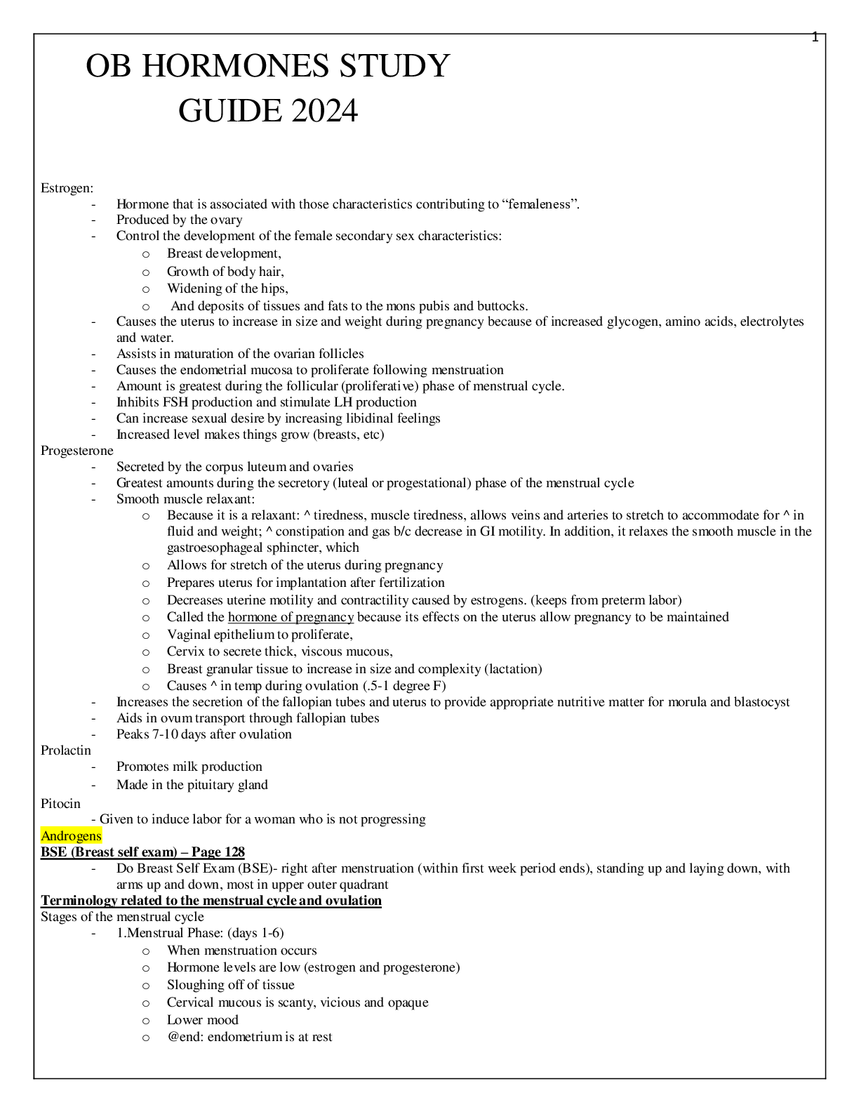 Preview image for OB HORMONES STUDY GUIDE 2024