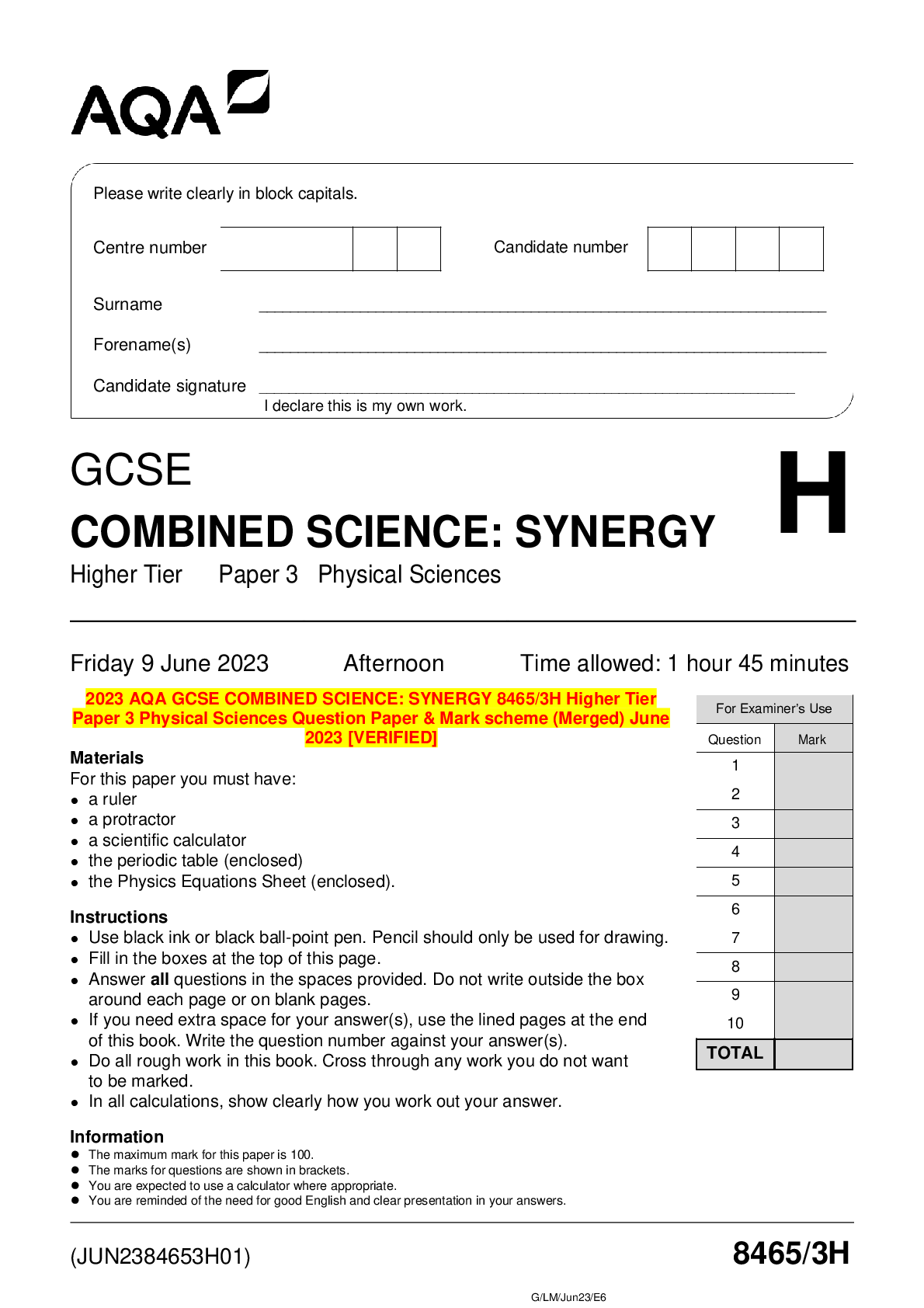 2023 AQA GCSE COMBINED SCIENCE: SYNERGY 8465/3H Higher Tier Paper 3 ...