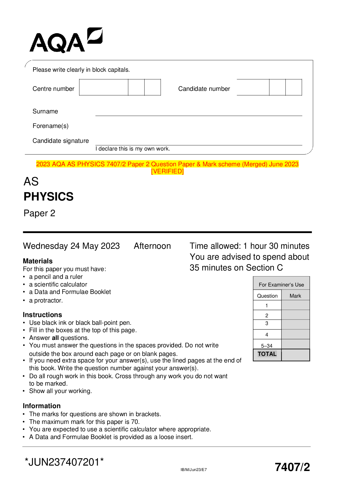 Preview image for 2023 AQA AS PHYSICS 7407/2 Paper 2 Question Paper & Mark scheme (Merged) June 2023 [VERIFIED]