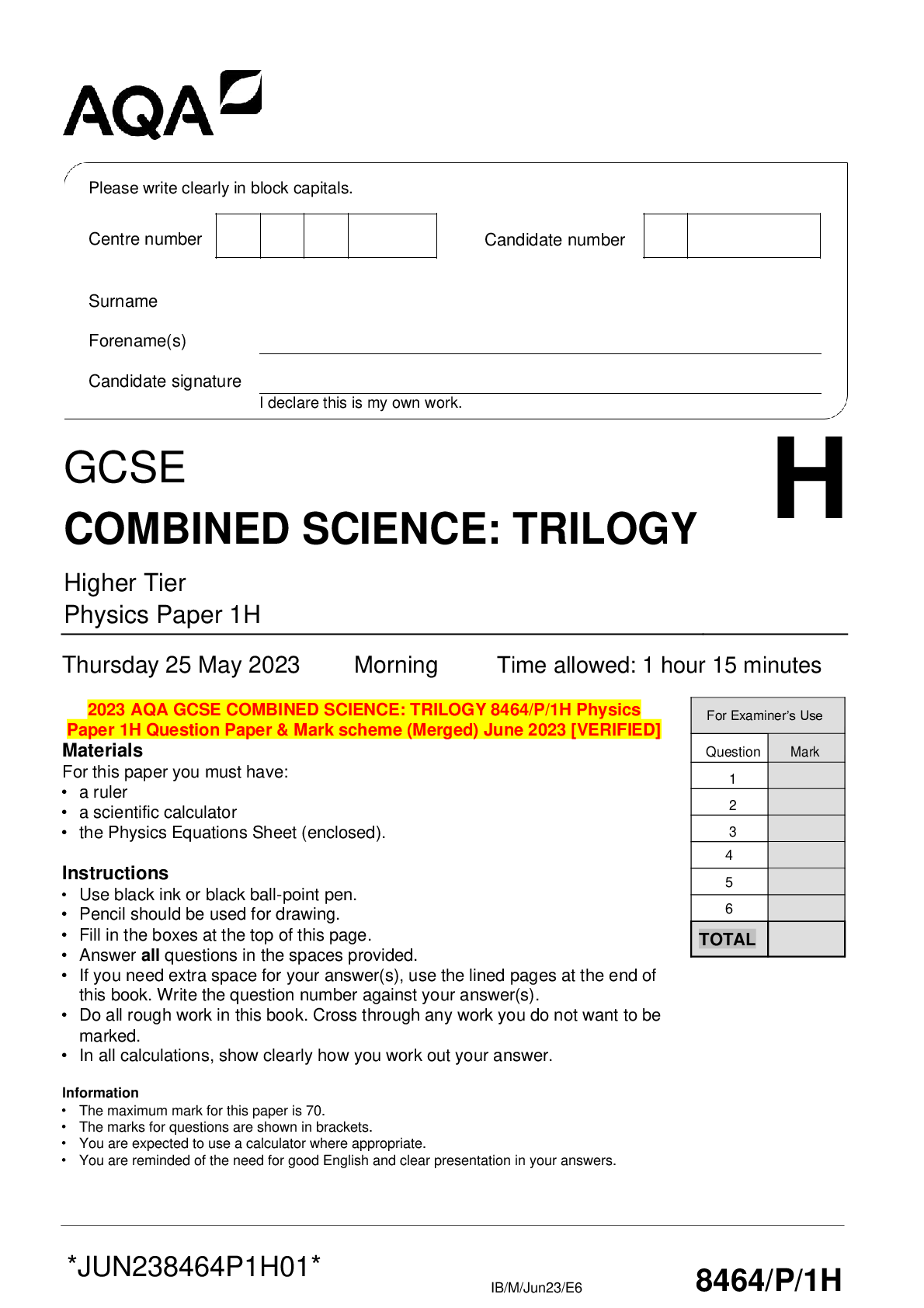 Preview image for 2023 AQA GCSE COMBINED SCIENCE: TRILOGY 8464/P/1H Physics Paper 1H Question Paper & Mark scheme (Merged) June 2023 [VERIFIED]