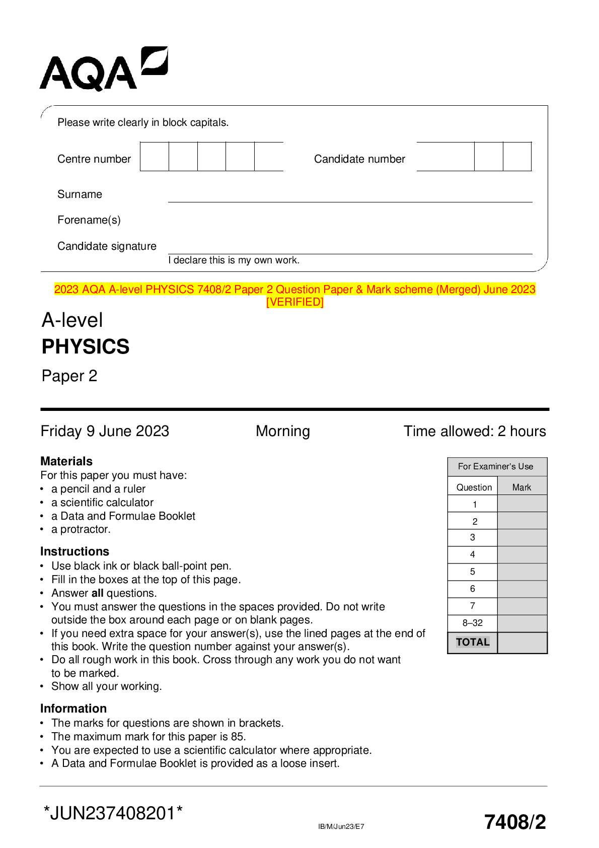 Preview image for 2023 AQA A-level PHYSICS 7408/2 Paper 2 Question Paper & Mark scheme (Merged) June 2023 [VERIFIED]