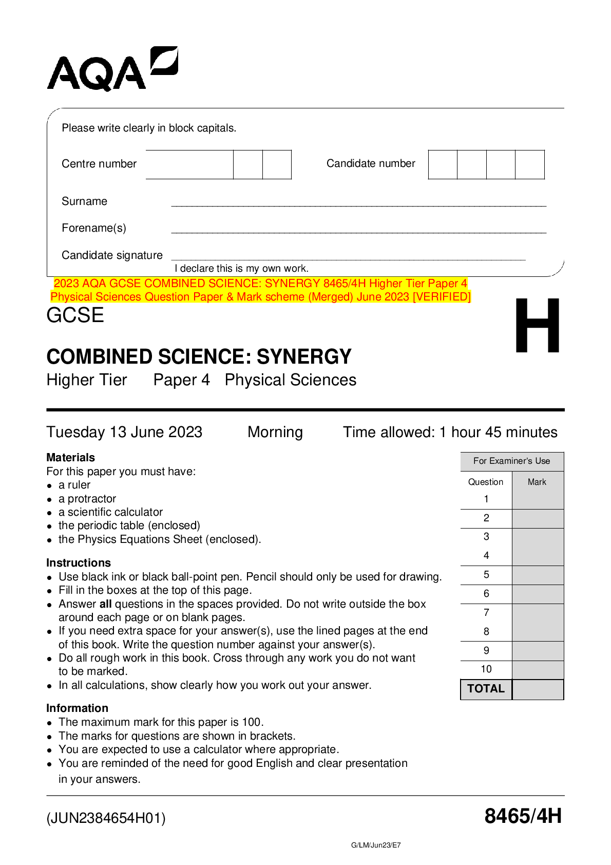 Preview image for 2023 AQA GCSE COMBINED SCIENCE: SYNERGY 8465/4H Higher Tier Paper 4 Physical Sciences Question Paper & Mark scheme (Merged) June 2023 [VERIFIED]