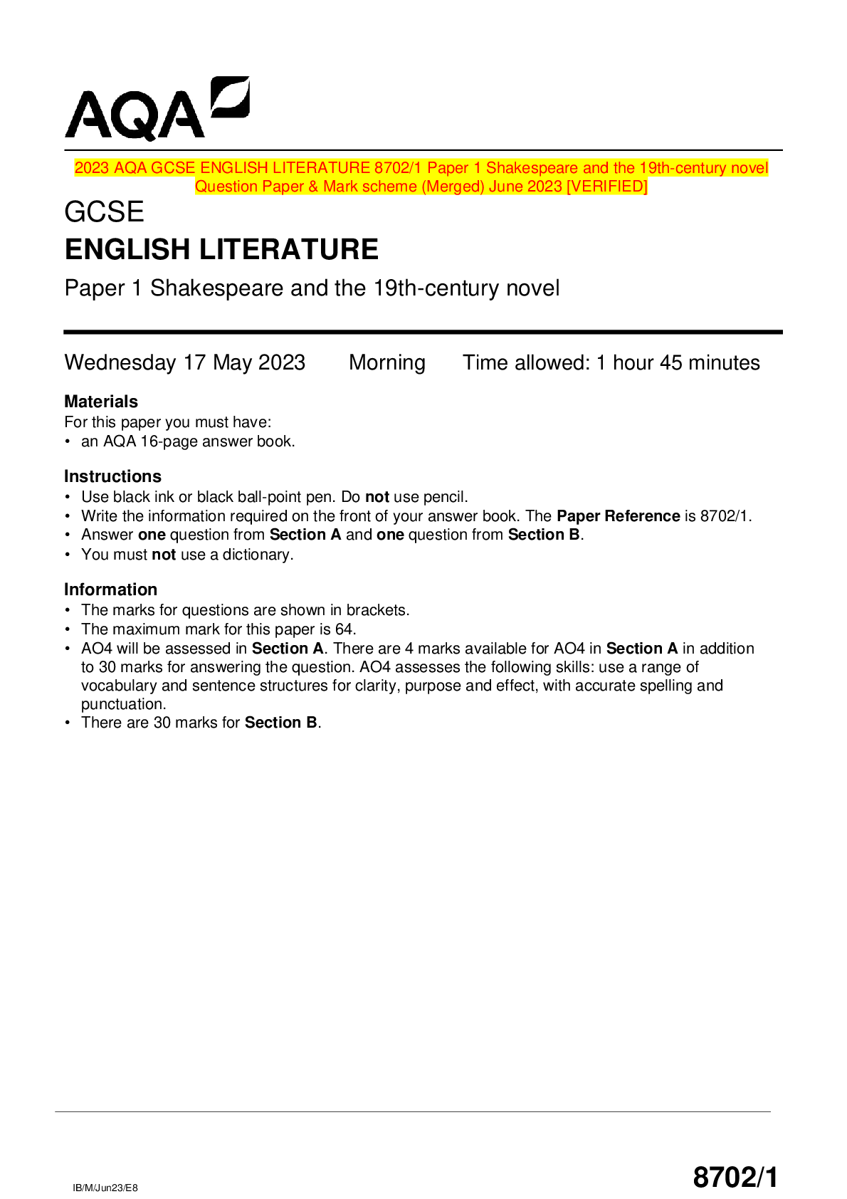 Preview image for 2023 AQA GCSE ENGLISH LITERATURE 8702/1 Paper 1 Shakespeare and the 19th-century novel Question Paper & Mark scheme (Merged) June 2023 [VERIFIED]
