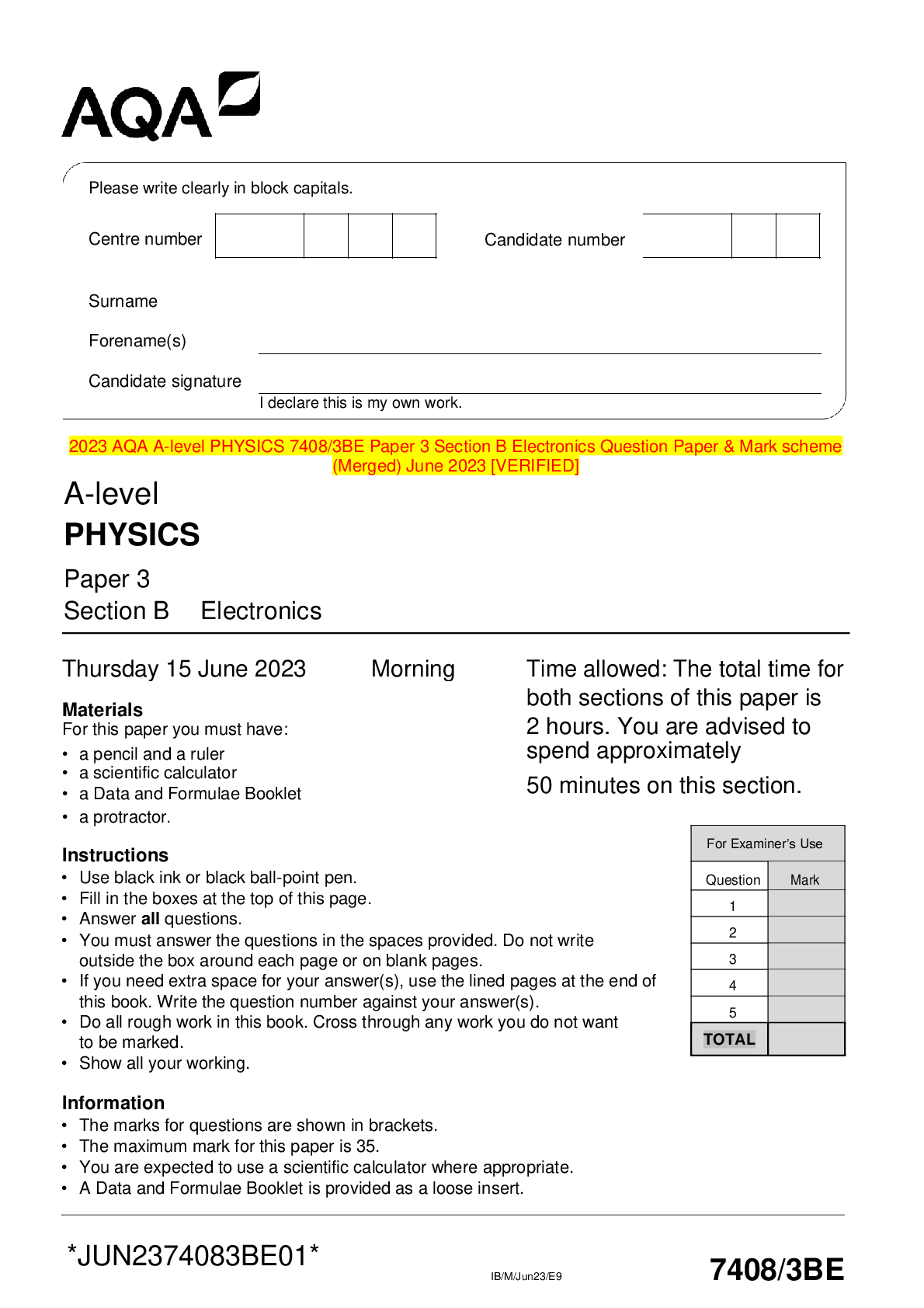 Preview image for 2023 AQA A-level PHYSICS 7408/3BE Paper 3 Section B Electronics Question Paper & Mark scheme (Merged) June 2023 [VERIFIED]
