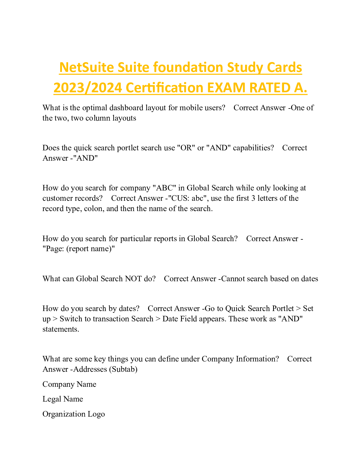 Preview of NetSuite Suite foundation Study Cards  2023/2024 Certification EXAM RATED