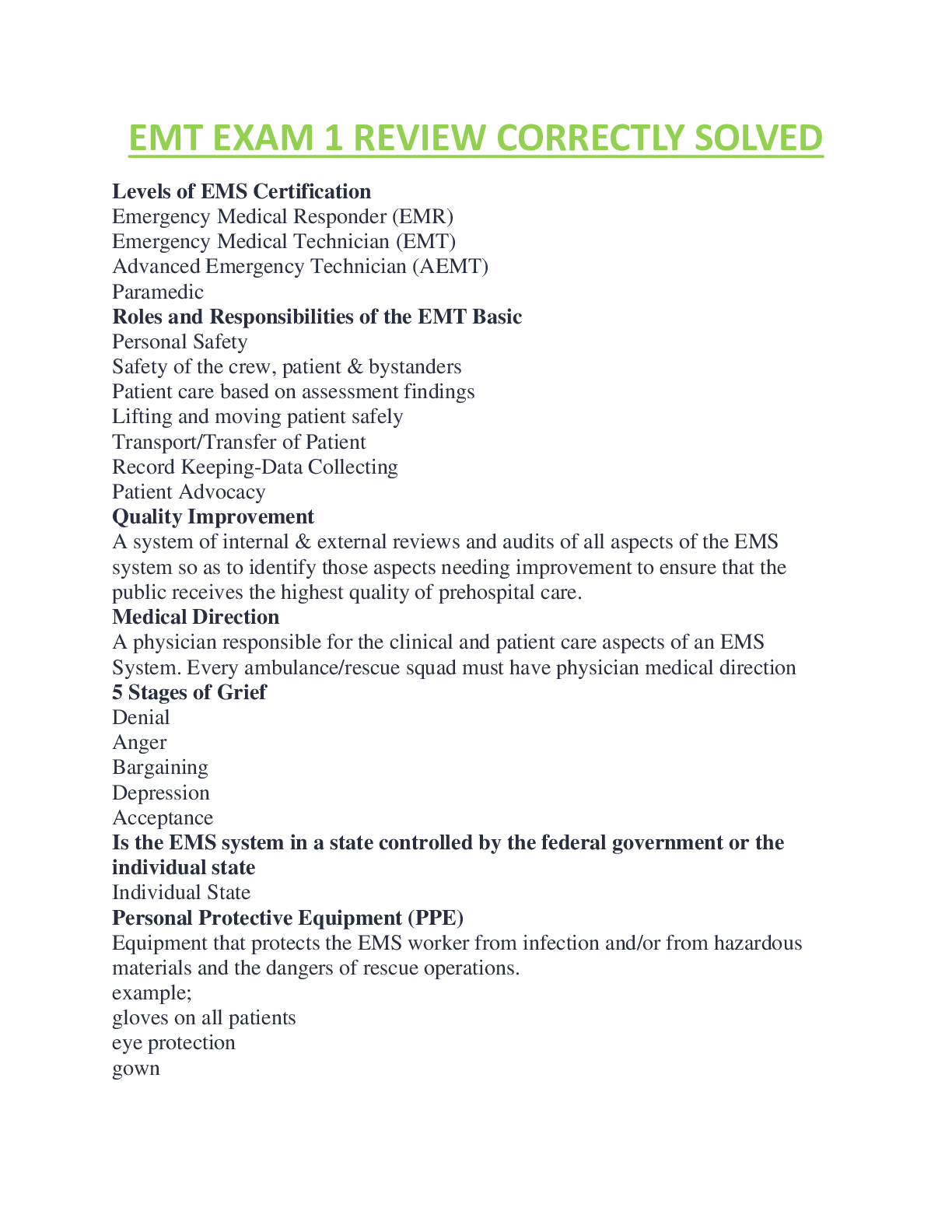 Preview image of EMT EXAM 1 REVIEW CORRECTLY SOLVED document