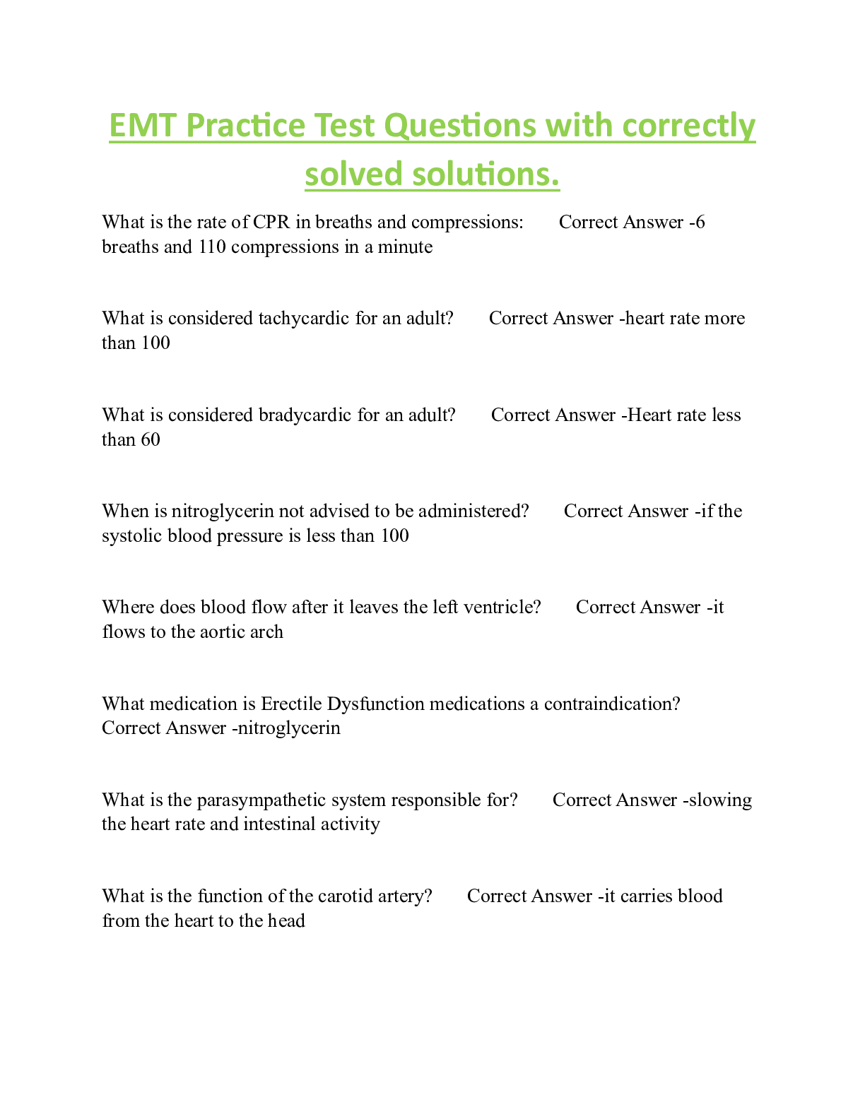 Preview image of EMT Practice Test Questions with correctly  solved solutions. document
