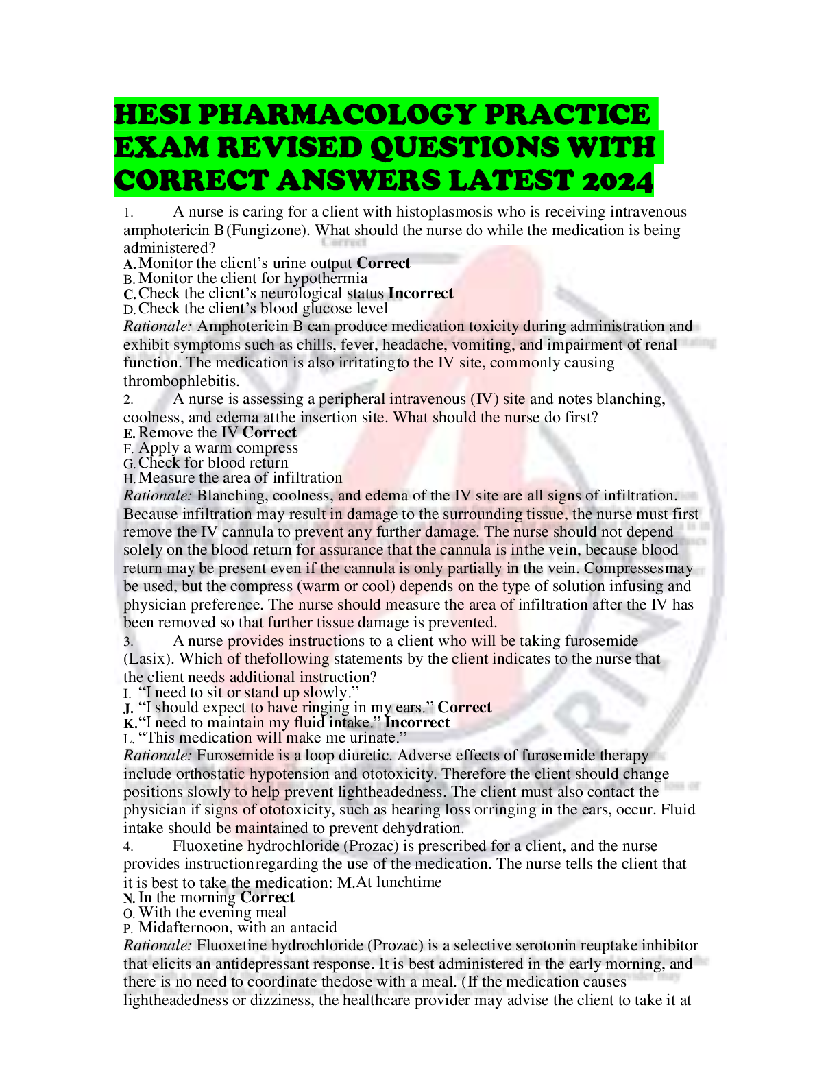 Preview of HESI PHARMACOLOGY PRACTICE EXAM REVISED QUESTIONS WITH CORRECT ANSWERS LATEST 2024
