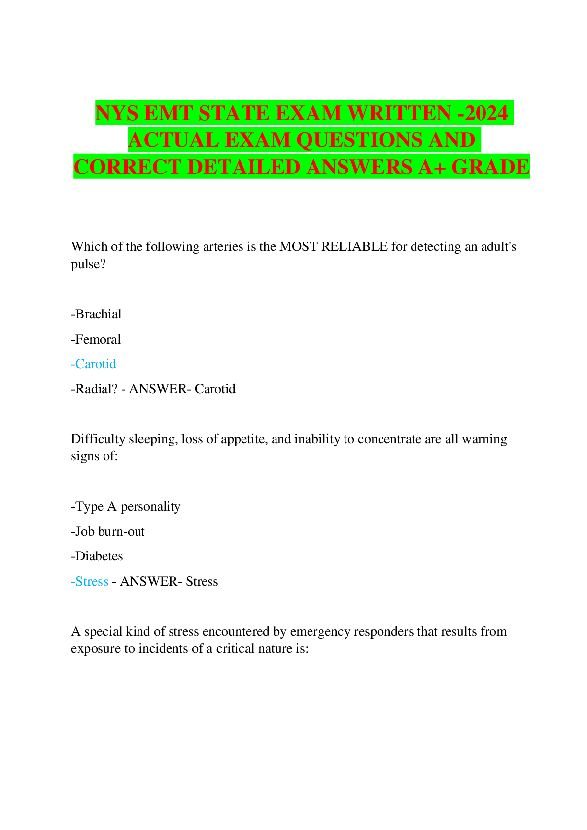 Preview of NYS EMT STATE EXAM WRITTEN -2024 ACTUAL EXAM QUESTIONS AND CORRECT DETAILED ANSWERS A+ GRA