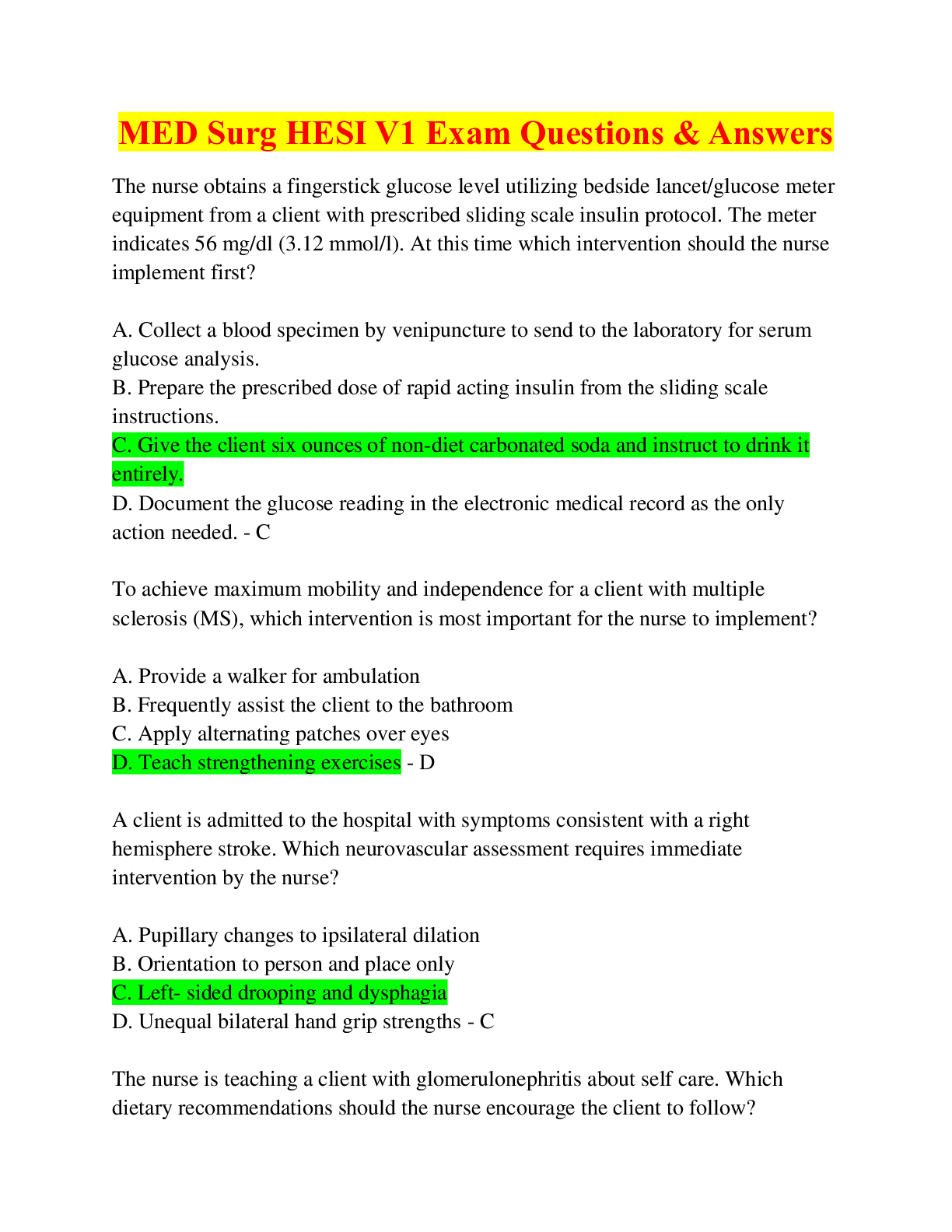 MED Surg HESI V1 Exam Questions & Answers