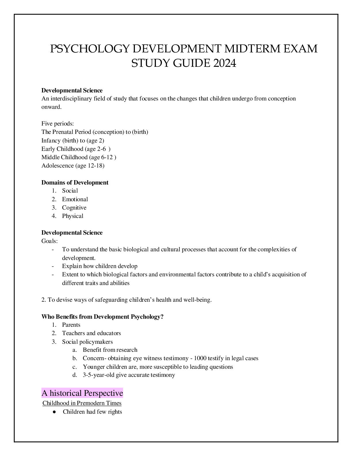 Preview image of PSYCHOLOGY DEVELOPMENT MIDTERM EXAM STUDY GUIDE 2024 document