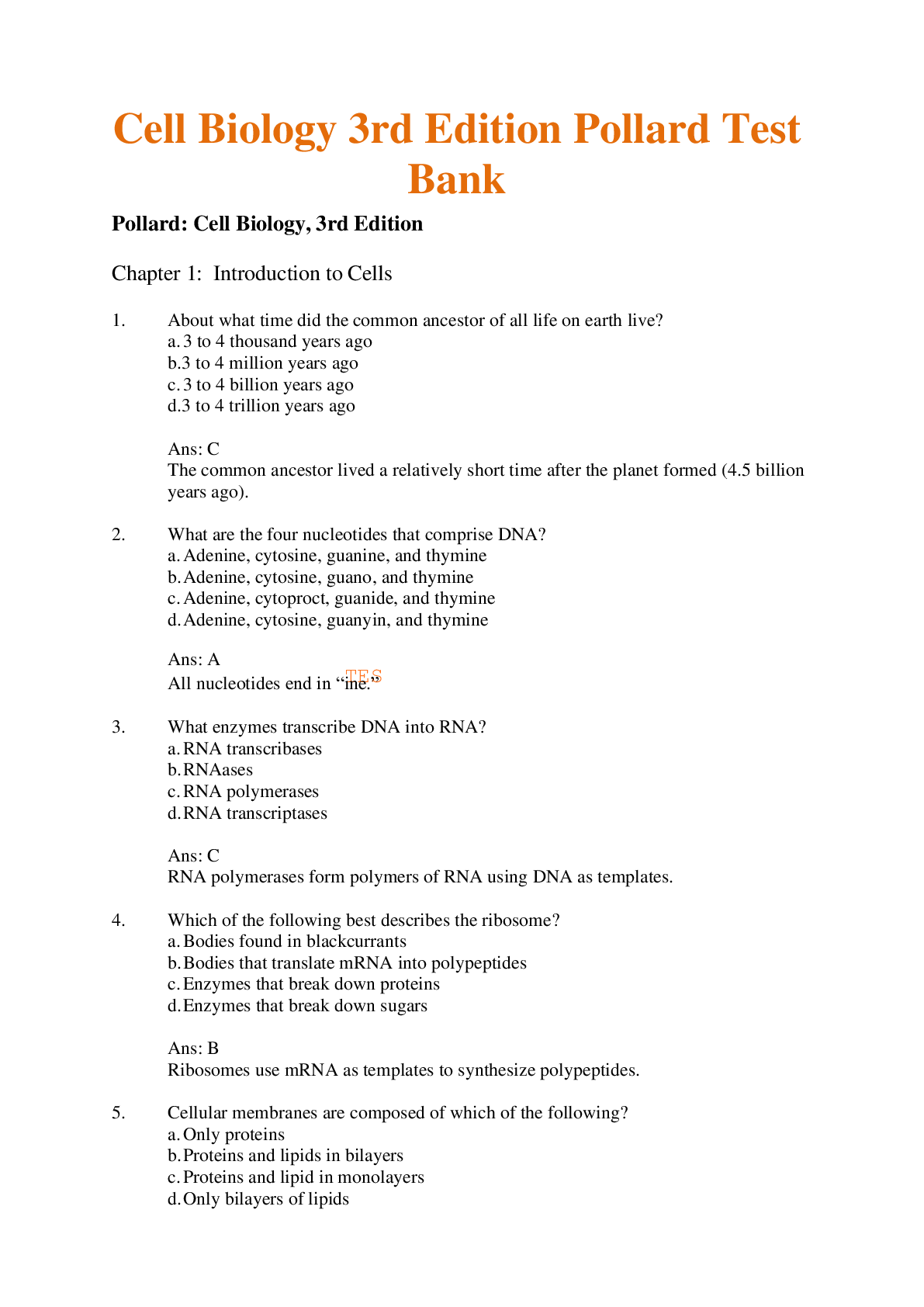 Preview of Test Bank for Cell Biology 3rd Edition Pollard All Chapters