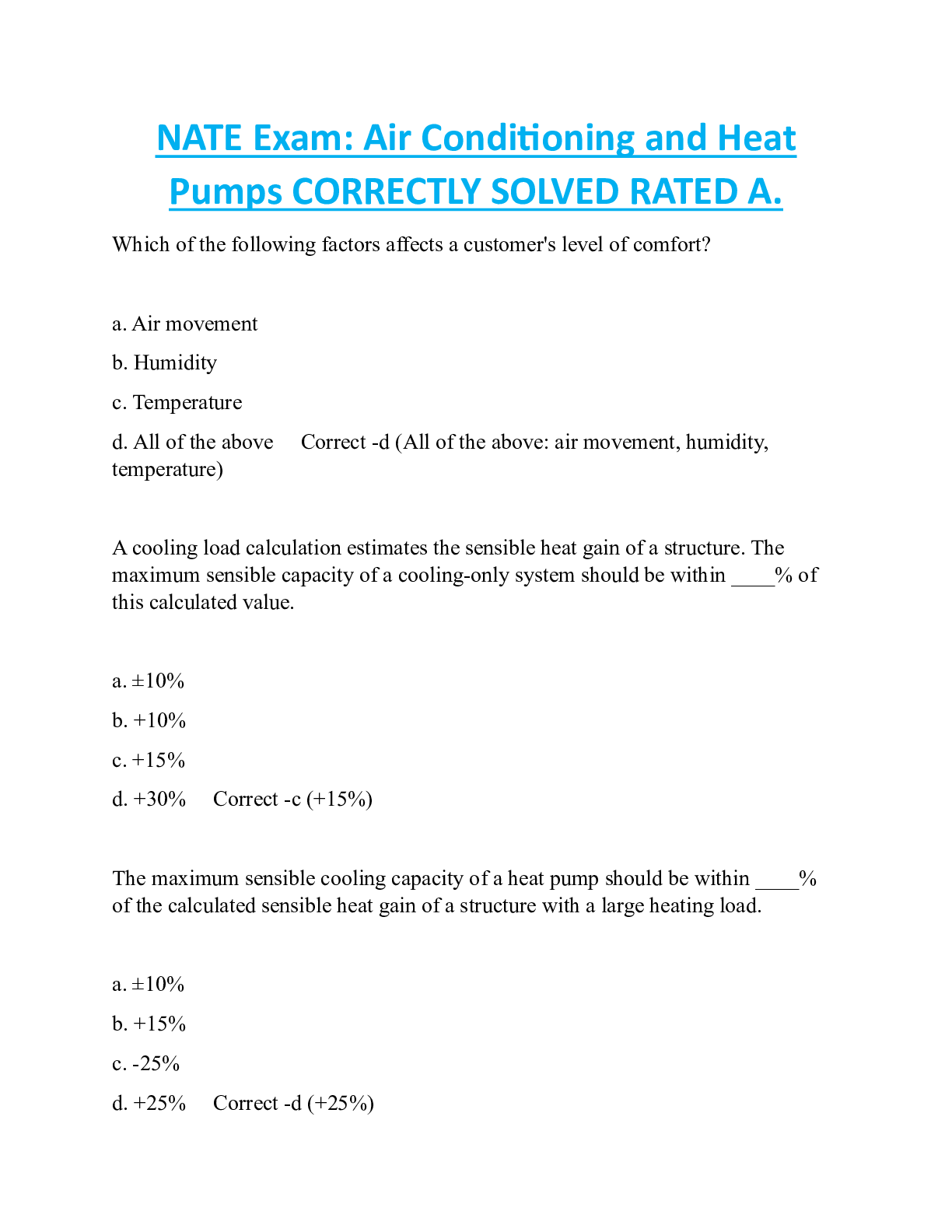 NATE Exam Air Conditioning and Heat Pumps CORRECTLY SOLVED RATED A