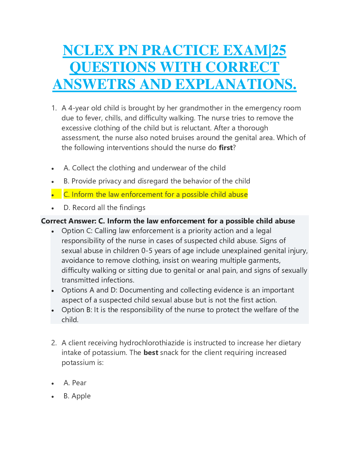 Preview of NCLEX PN PRACTICE EXAM|25  QUESTIONS WITH CORRECT  ANSWETRS AND EXPLANATIONS 100% VERIFIED.