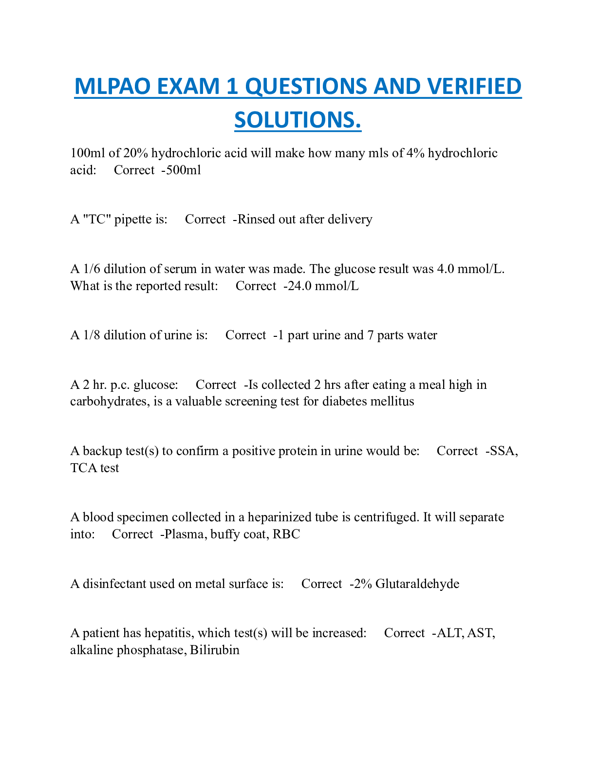 MLPAO EXAM 1 QUESTIONS AND VERIFIED  SOLUTIONS.
