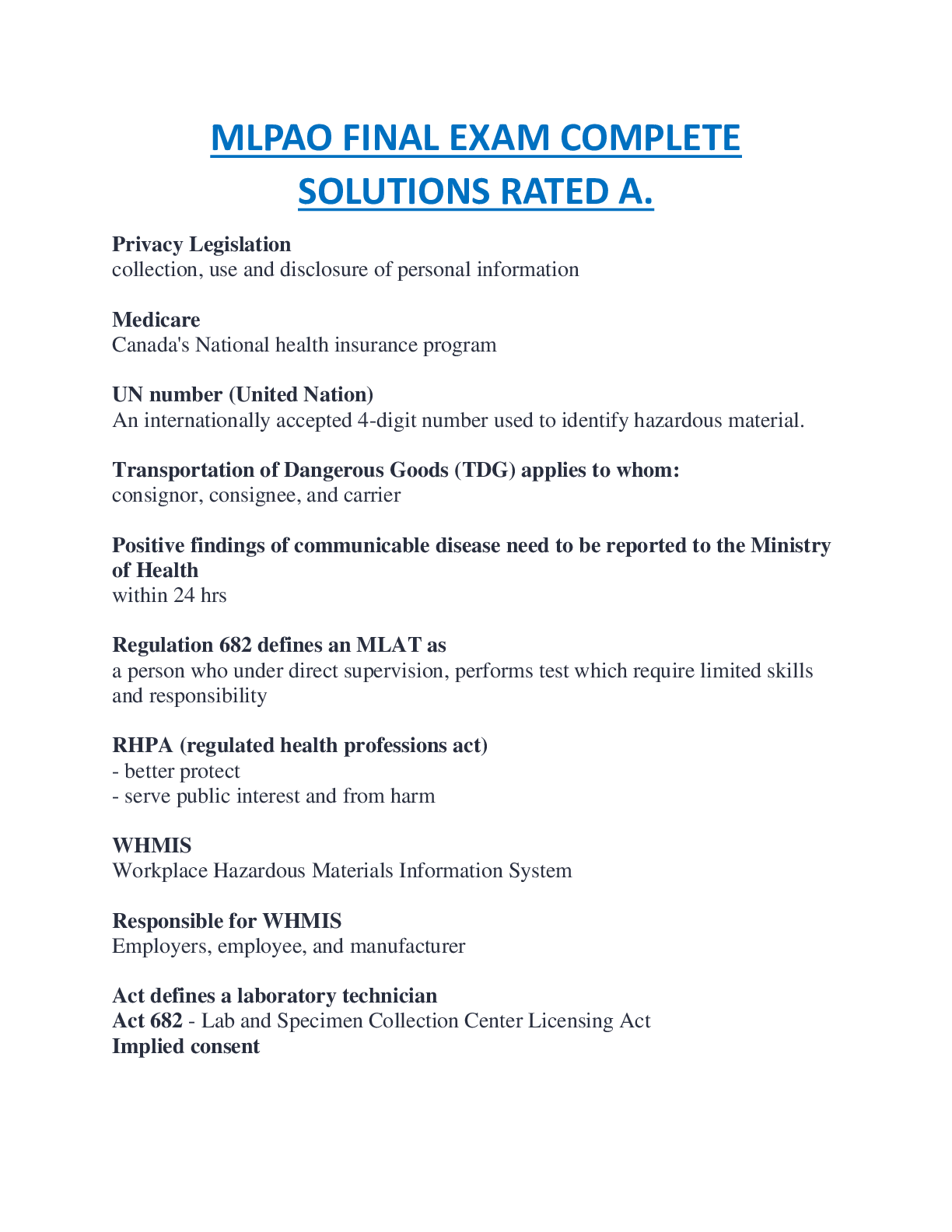 MLPAO FINAL EXAM COMPLETE  SOLUTIONS RATED A.
