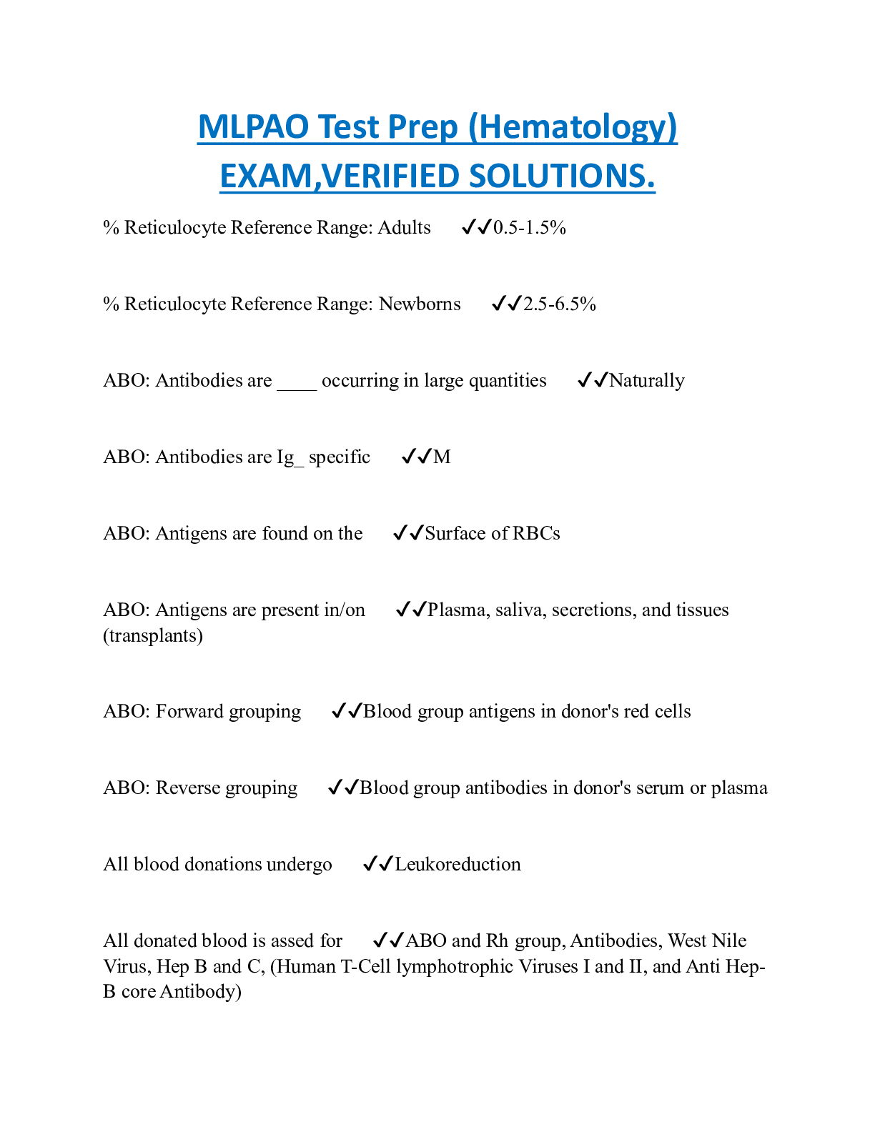 MLPAO Test Prep (Hematology)  EXAM,VERIFIED SOLUTIONS.