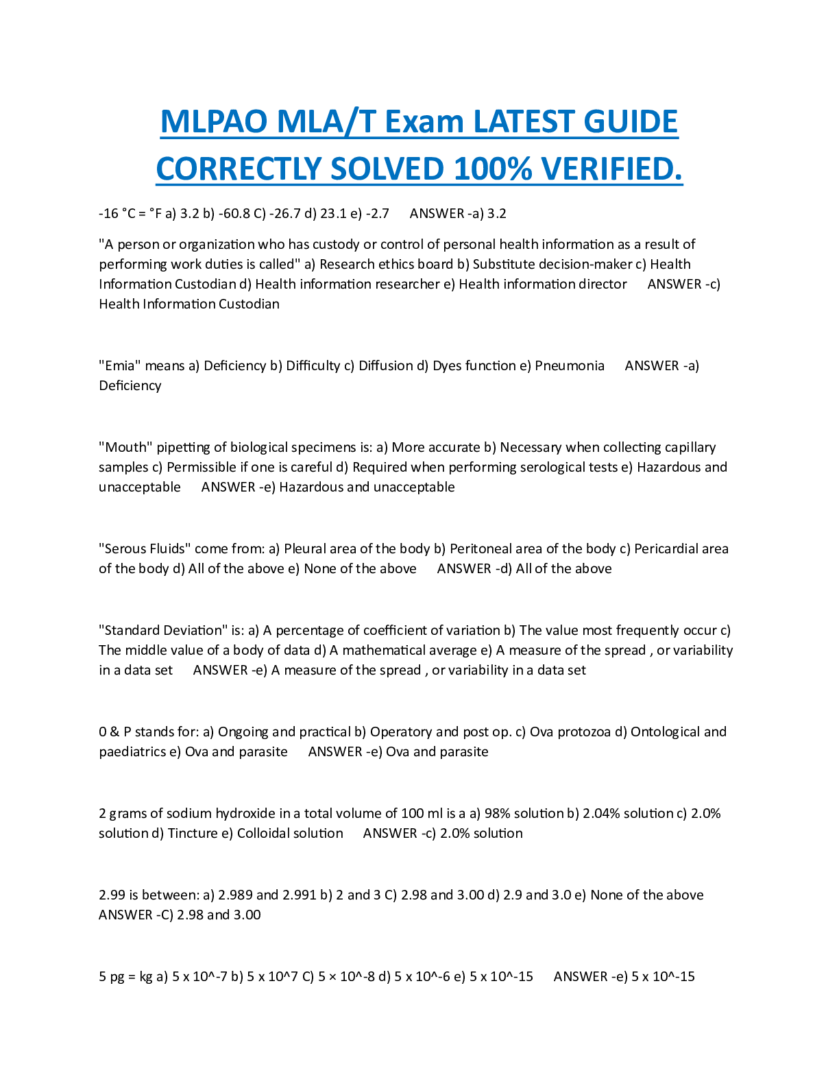 MLPAO MLA/T Exam LATEST GUIDE  CORRECTLY SOLVED 100% VERIFIED.