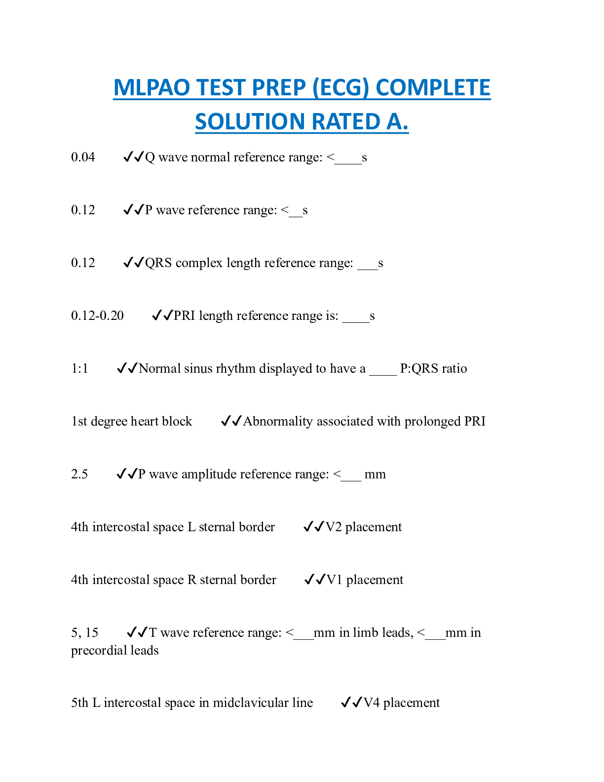 Preview image of MLPAO TEST PREP (ECG) COMPLETE  SOLUTION RATED A. document
