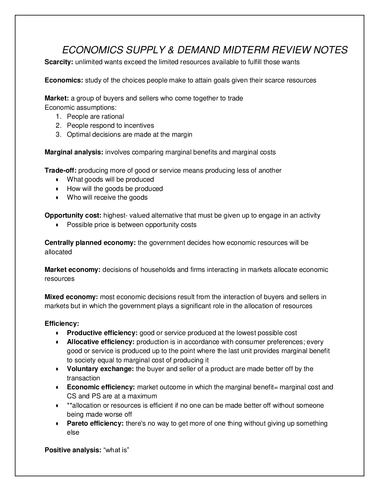 Preview image of ECONOMICS SUPPLY & DEMAND MIDTERM REVIEW NOTES document