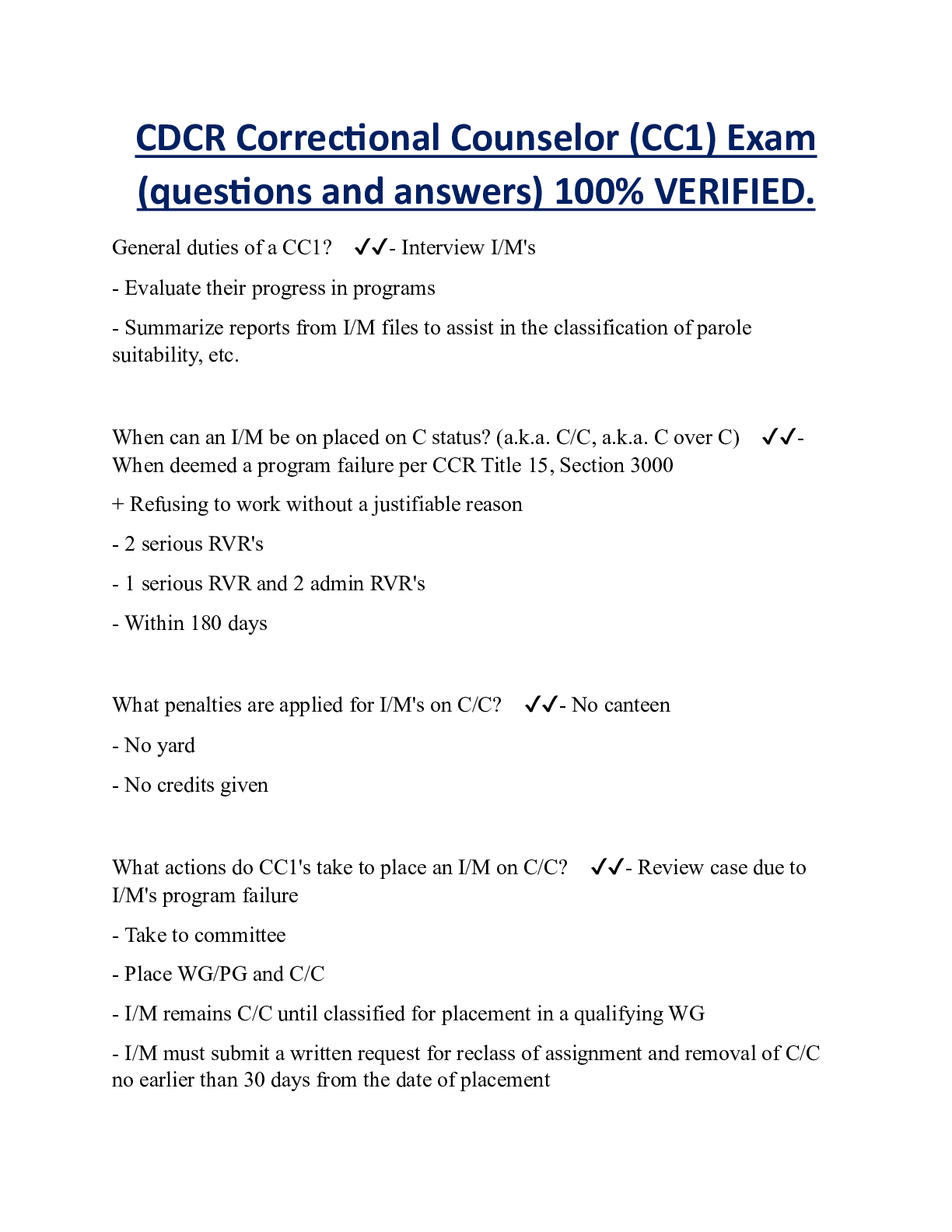 CDCR Correctional Counselor (CC1) Exam  (questions and answers) 100% VERIFIED.